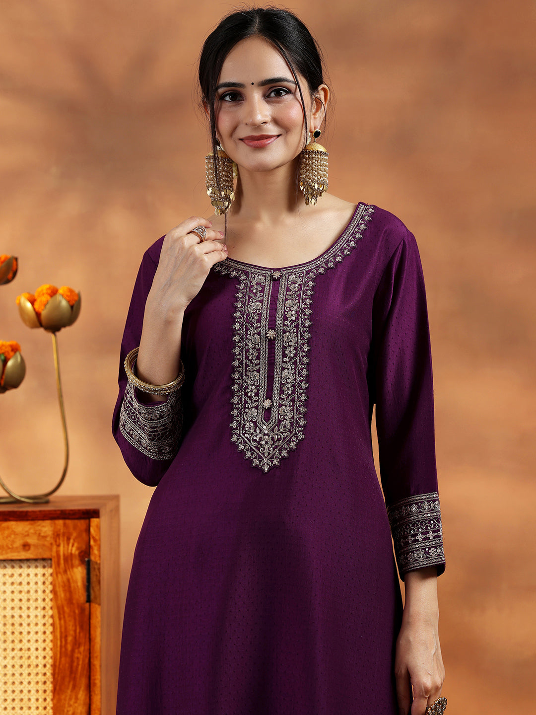 Wine Yoke Design Silk Blend A-Line Kurta With Trousers & Dupatta