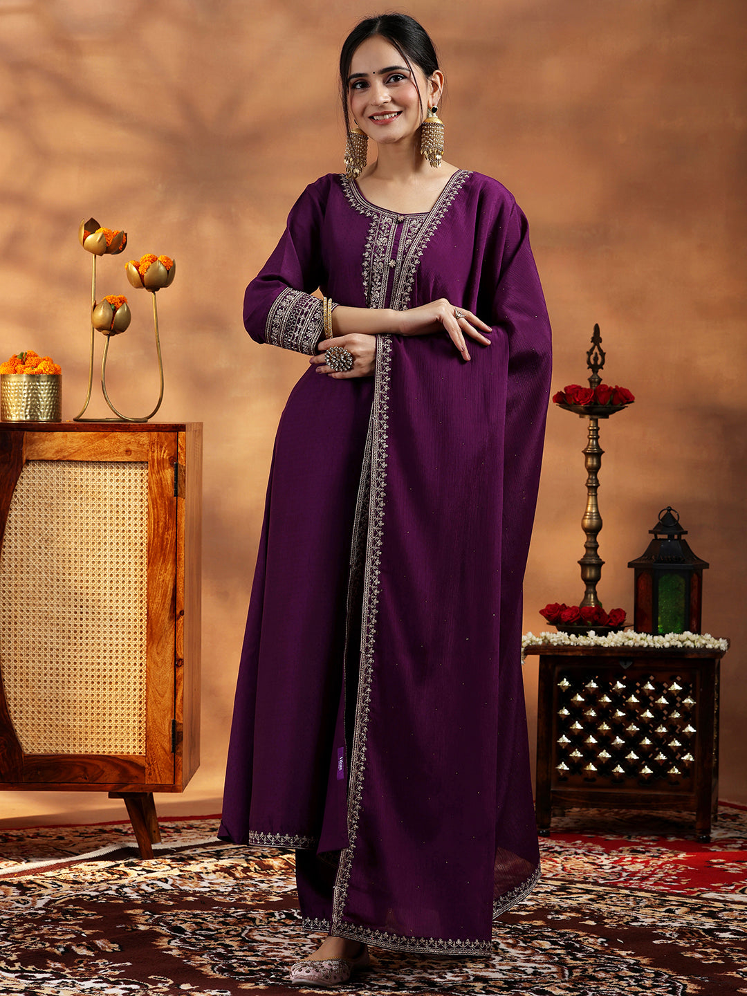 Wine Yoke Design Silk Blend A-Line Kurta With Trousers & Dupatta