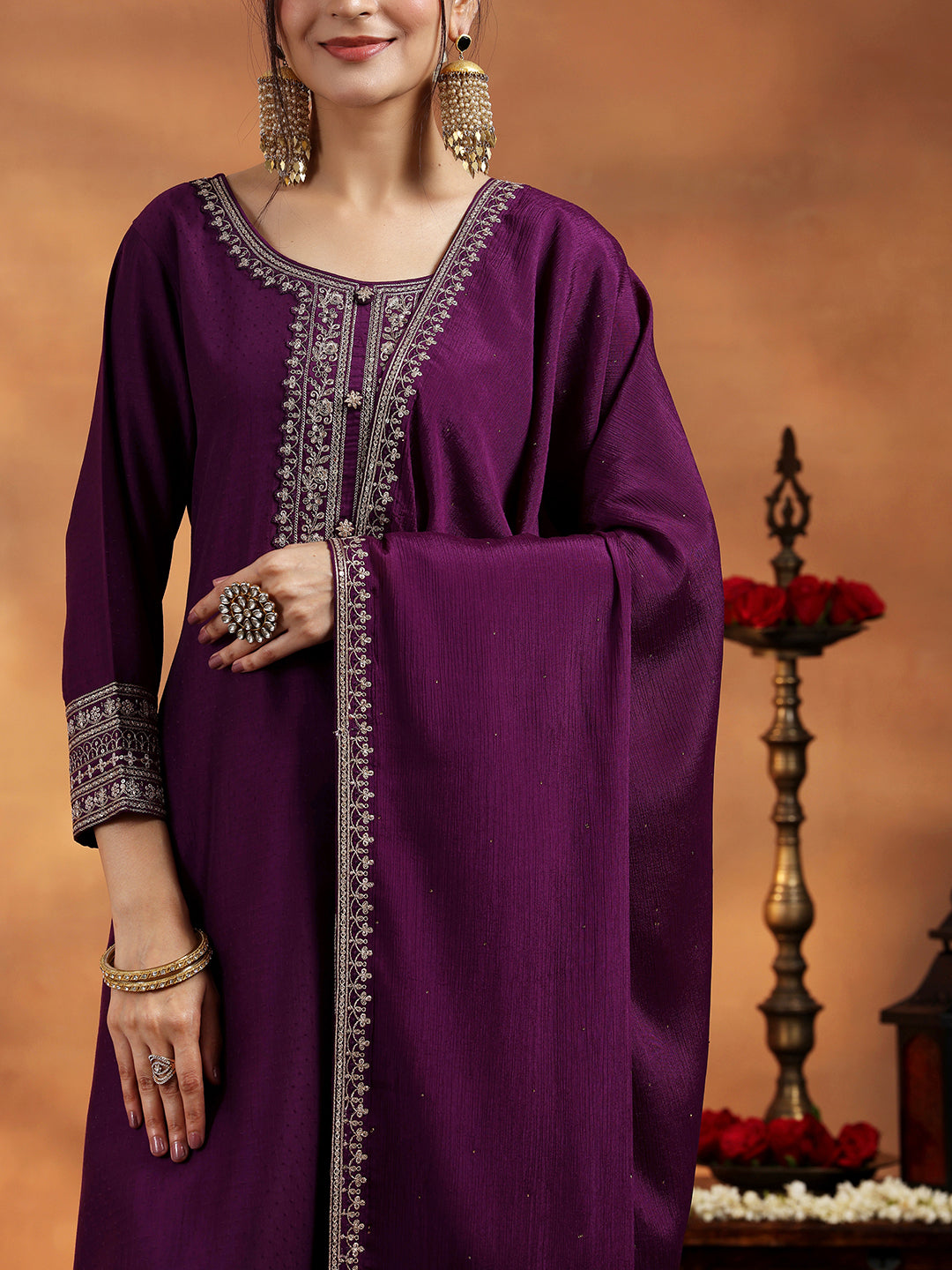 Wine Yoke Design Silk Blend A-Line Kurta With Trousers & Dupatta