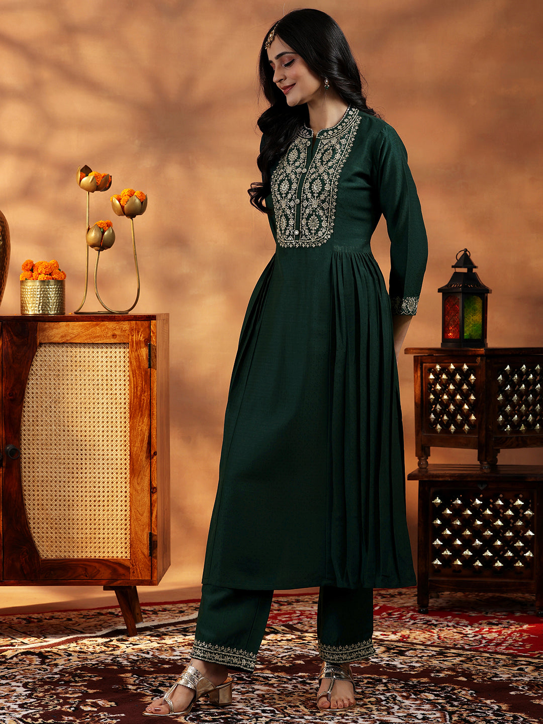 Green Yoke Design Silk Blend A-Line Kurta With Palazzos & Dupatta