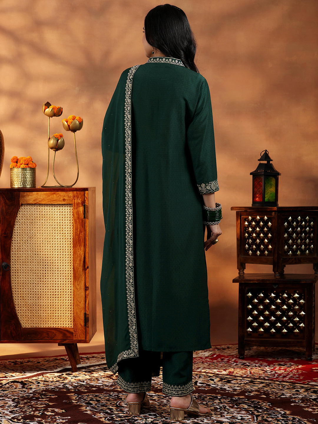 Green Yoke Design Silk Blend A-Line Kurta With Palazzos & Dupatta