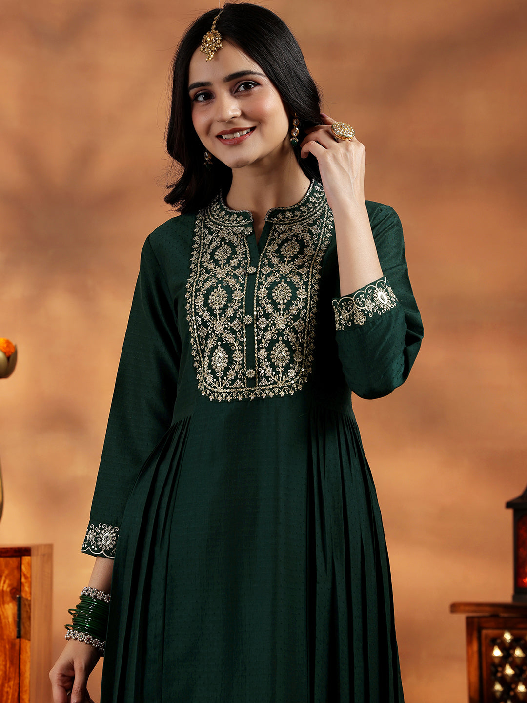 Green Yoke Design Silk Blend A-Line Kurta With Palazzos & Dupatta