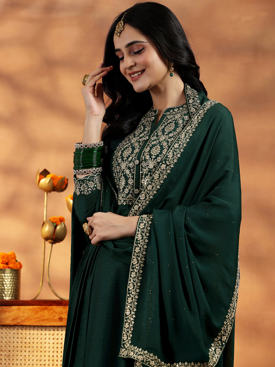 Green Yoke Design Silk Blend A-Line Kurta With Palazzos & Dupatta