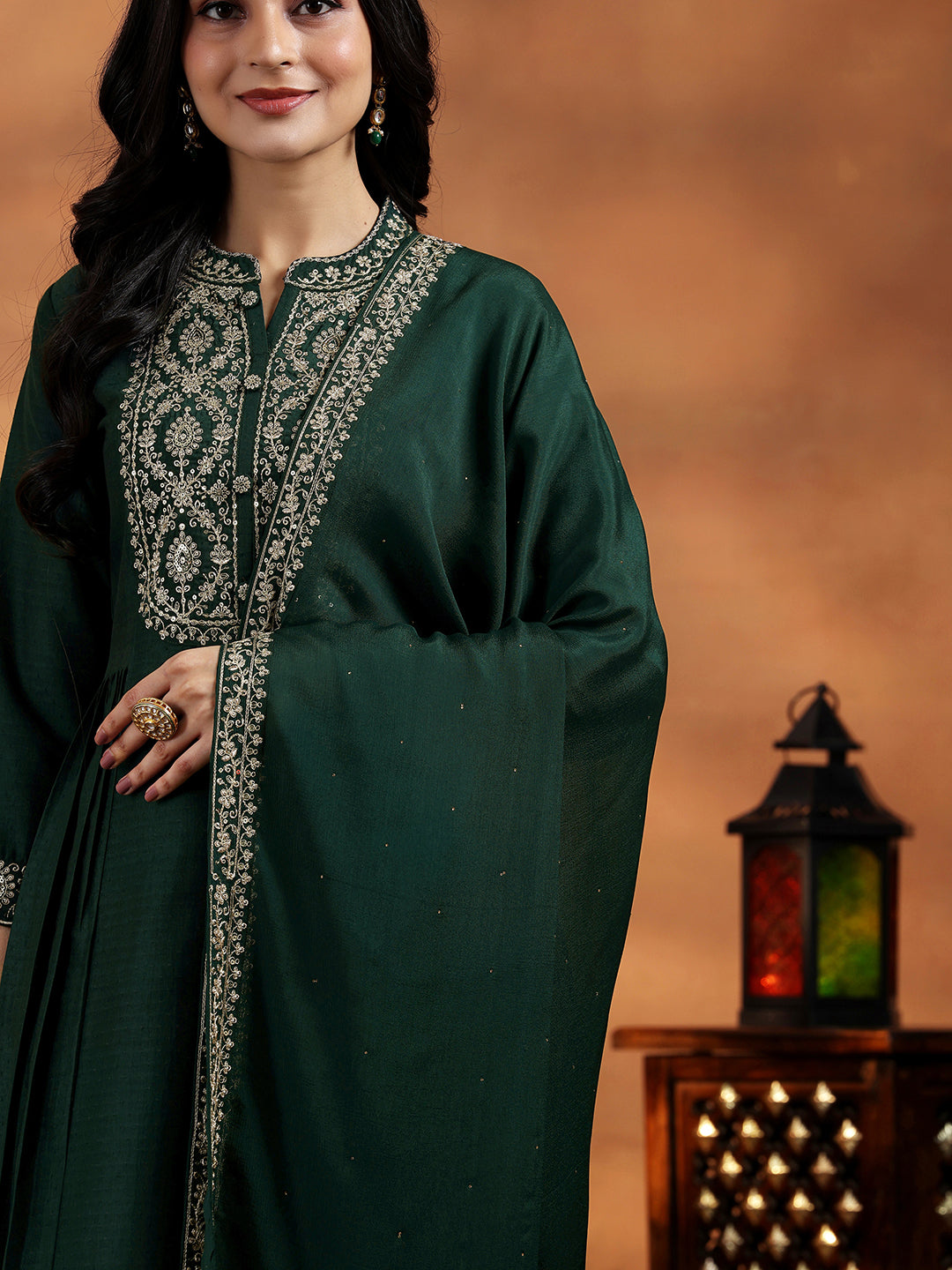 Green Yoke Design Silk Blend A-Line Kurta With Palazzos & Dupatta