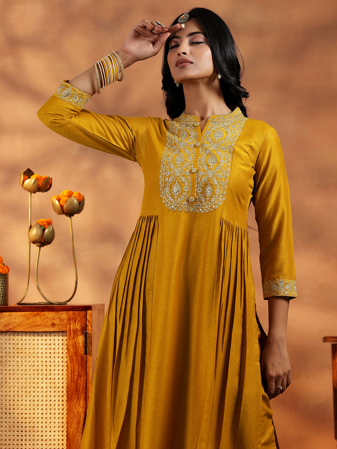 Mustard Yoke Design Silk Blend A-Line Kurta With Palazzos & Dupatta