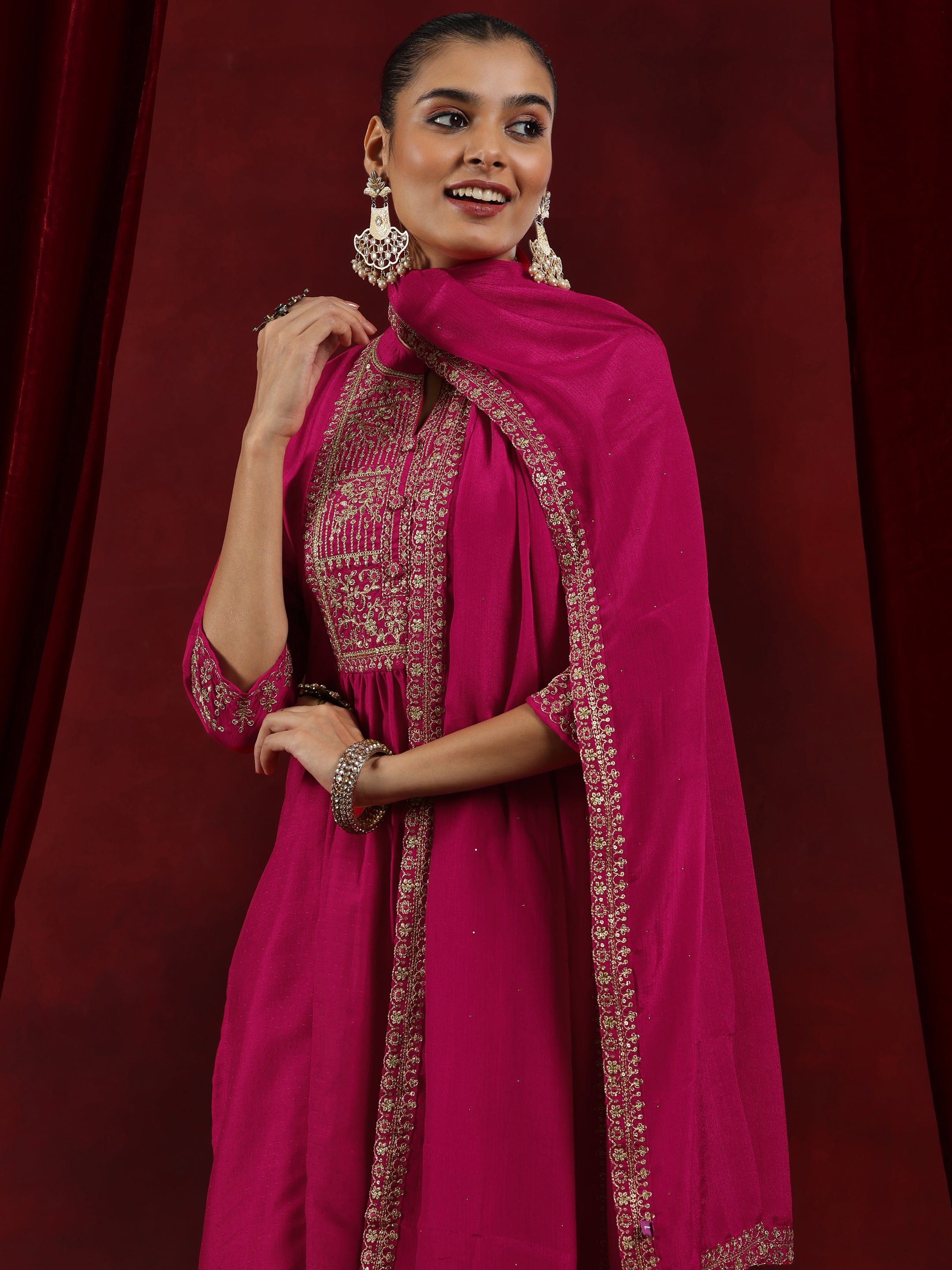 Pink Yoke Design Silk Blend A-Line Kurta With Palazzos & Dupatta