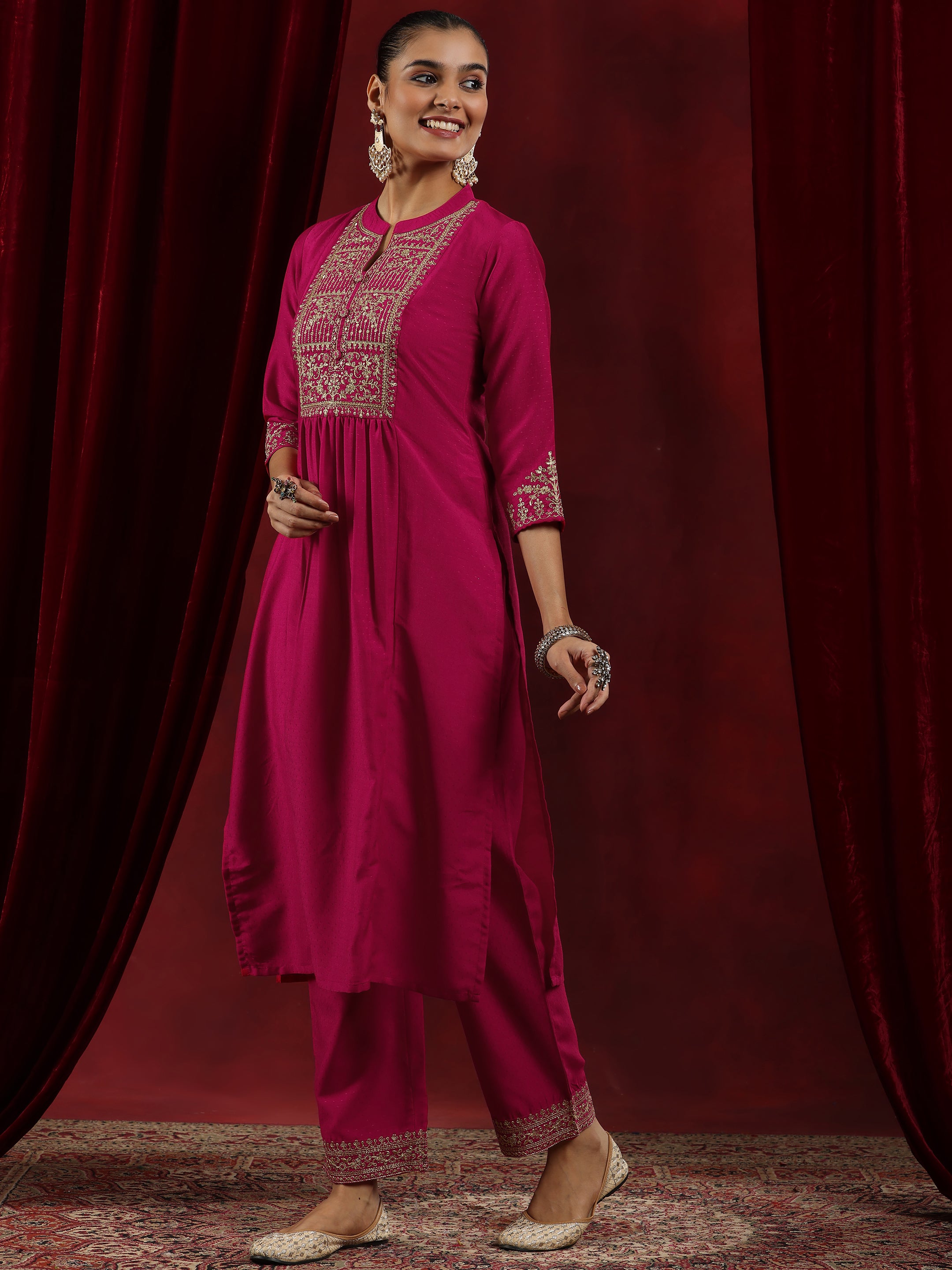 Pink Yoke Design Silk Blend A-Line Kurta With Palazzos & Dupatta