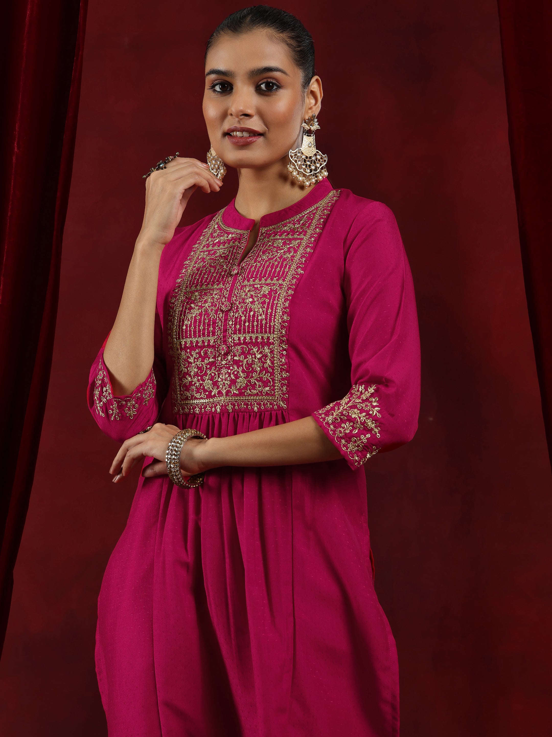 Pink Yoke Design Silk Blend A-Line Kurta With Palazzos & Dupatta