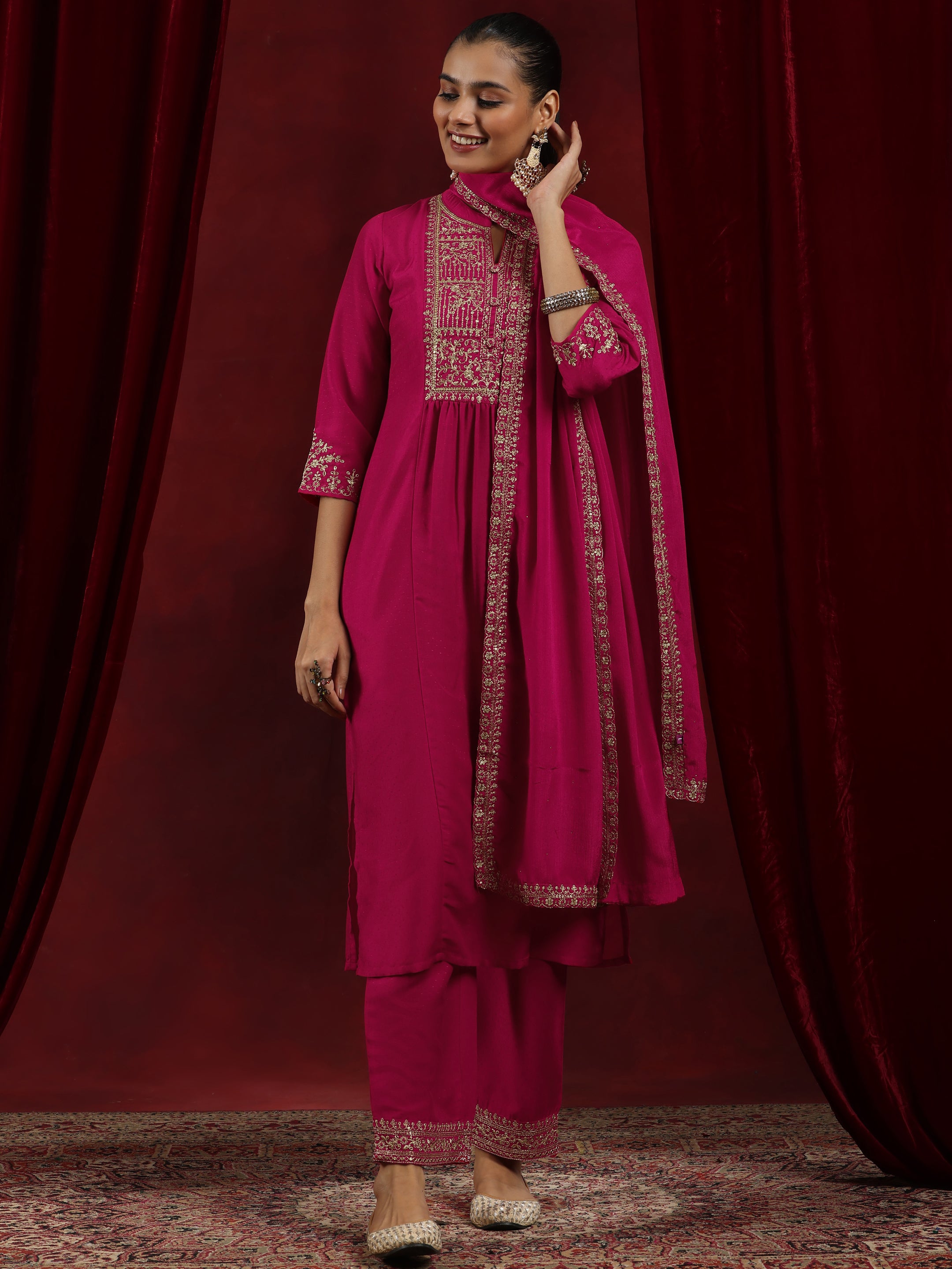 Pink Yoke Design Silk Blend A-Line Kurta With Palazzos & Dupatta