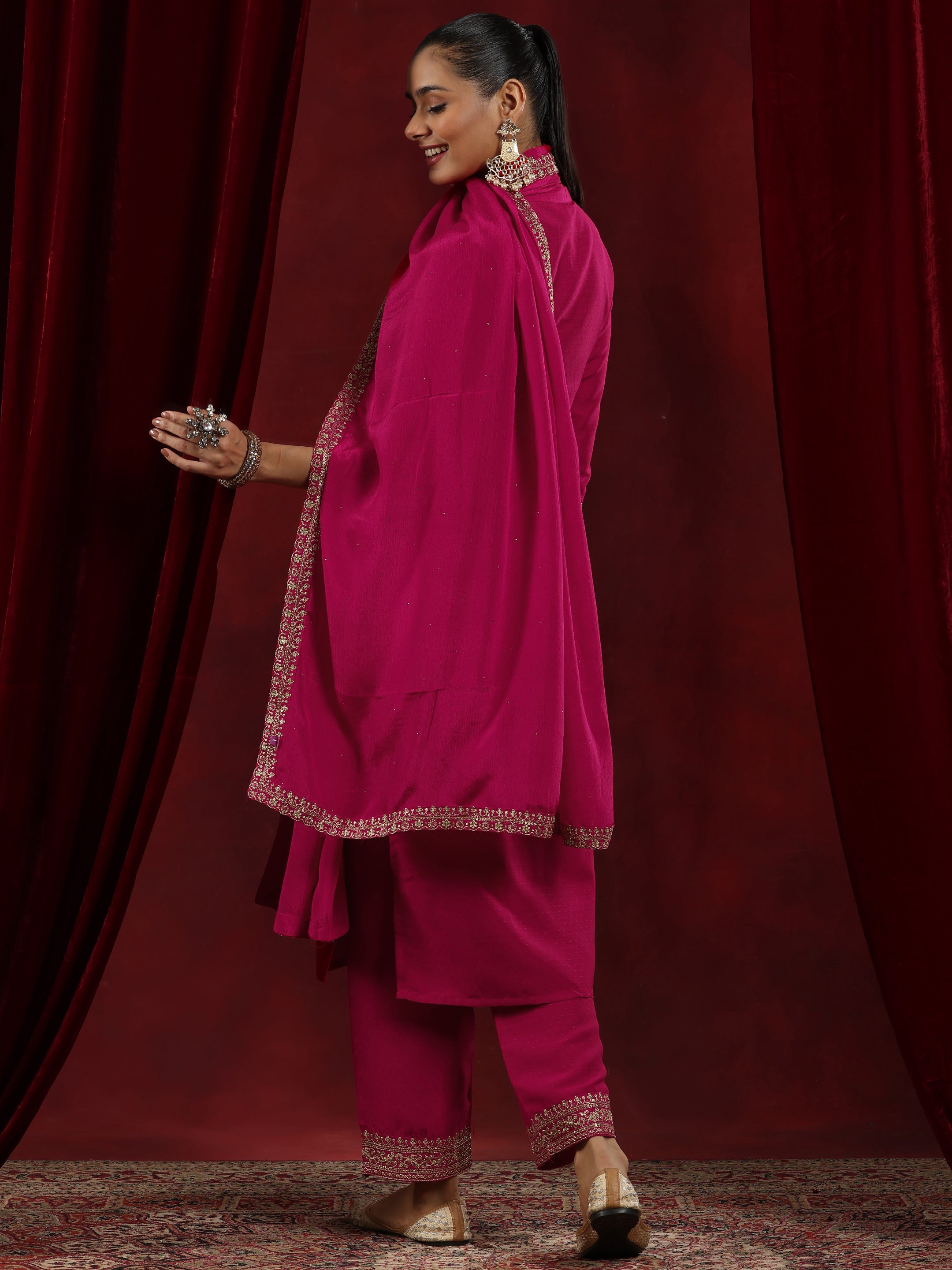 Pink Yoke Design Silk Blend A-Line Kurta With Palazzos & Dupatta