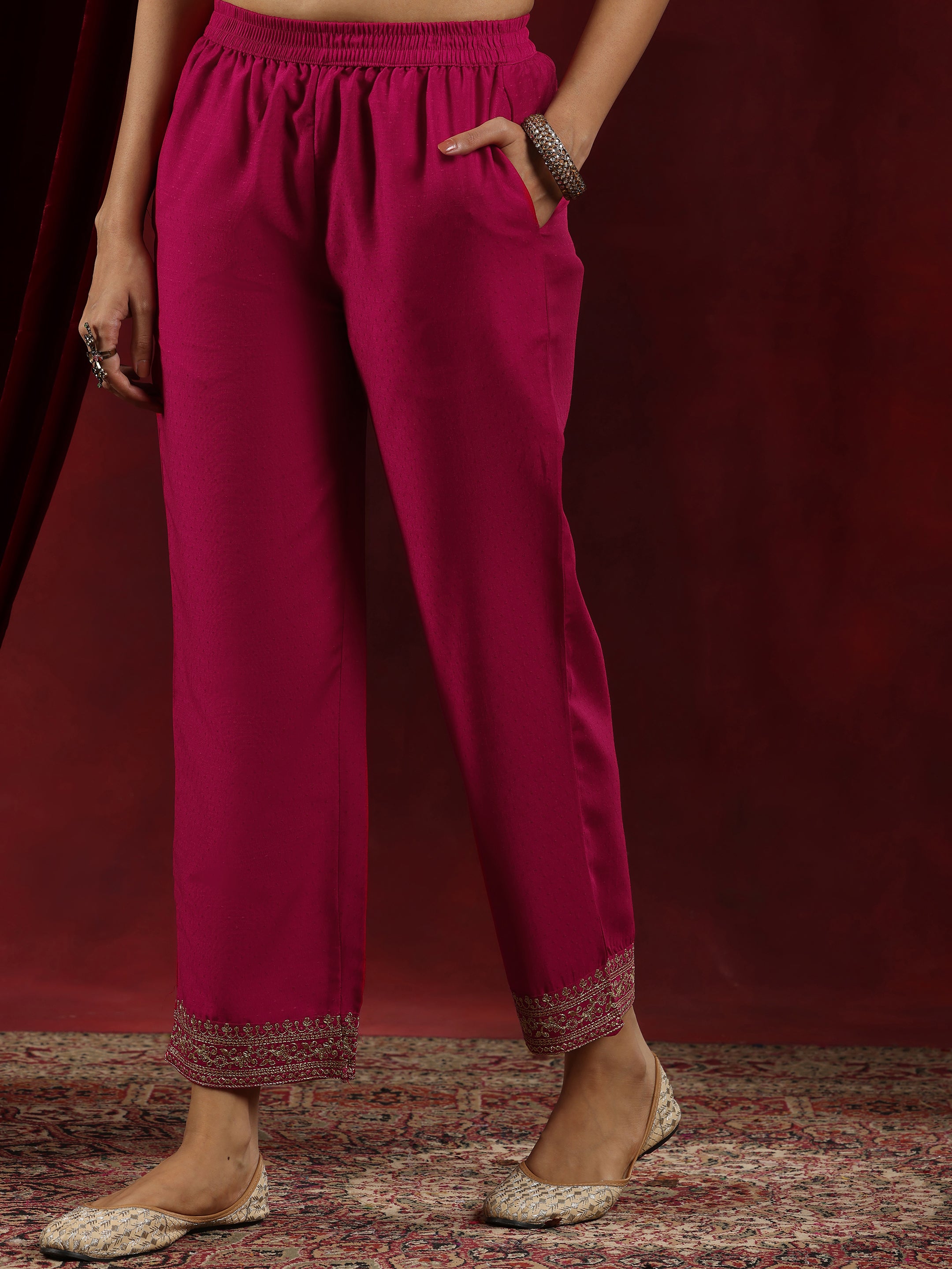 Pink Yoke Design Silk Blend A-Line Kurta With Palazzos & Dupatta