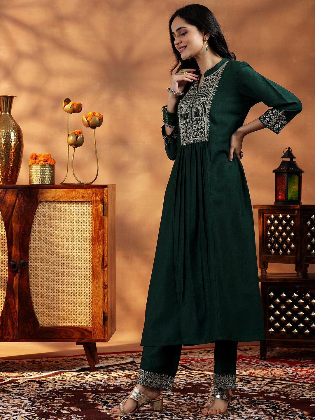 Green Yoke Design Silk Blend A-Line Kurta With Palazzos & Dupatta