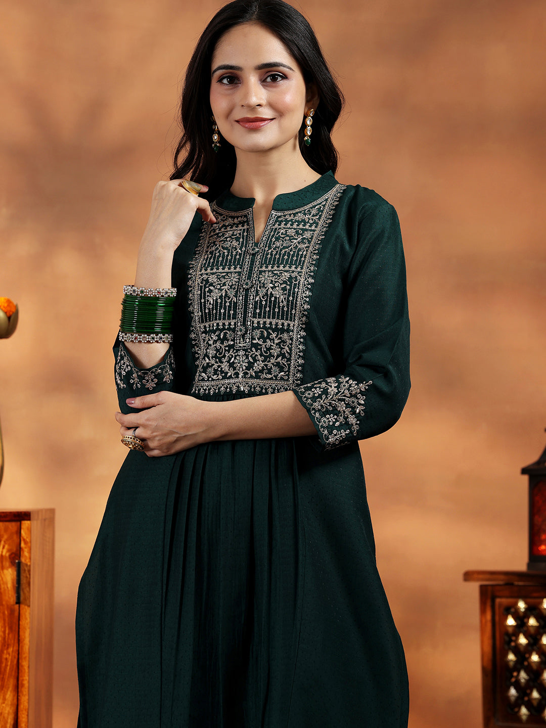 Green Yoke Design Silk Blend A-Line Kurta With Palazzos & Dupatta