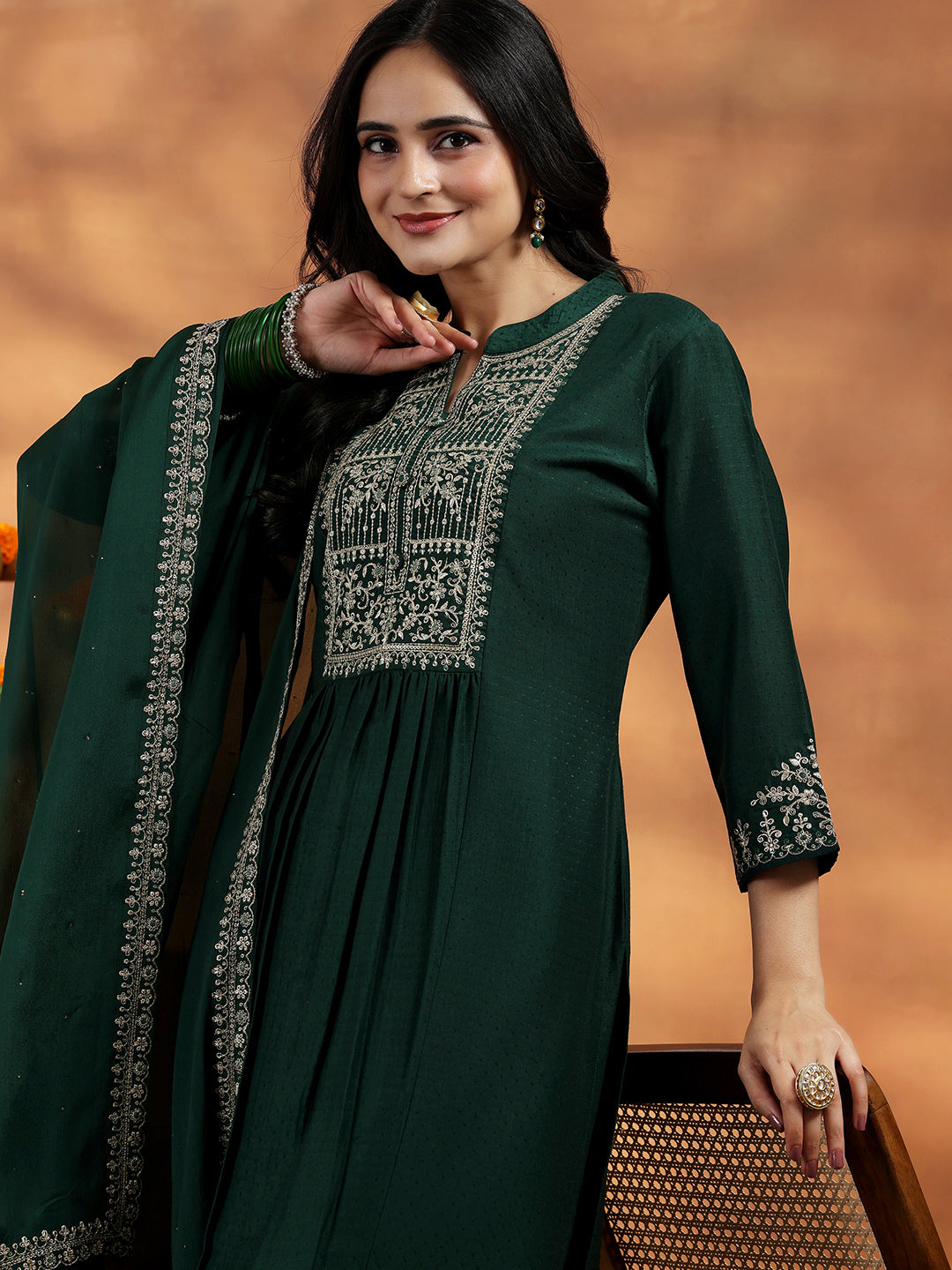 Green Yoke Design Silk Blend A-Line Kurta With Palazzos & Dupatta