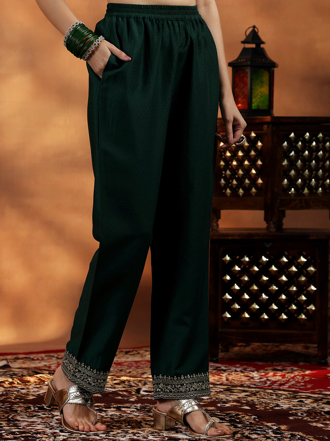 Green Yoke Design Silk Blend A-Line Kurta With Palazzos & Dupatta