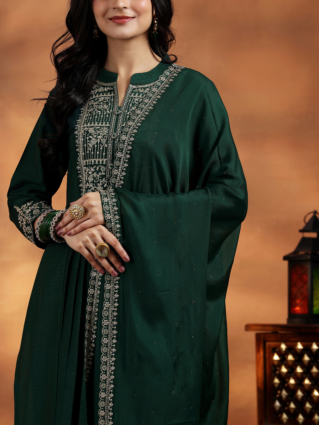 Green Yoke Design Silk Blend A-Line Kurta With Palazzos & Dupatta