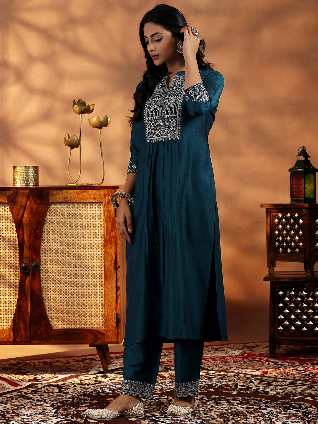 Teal Yoke Design Silk Blend A-Line Kurta With Palazzos & Dupatta