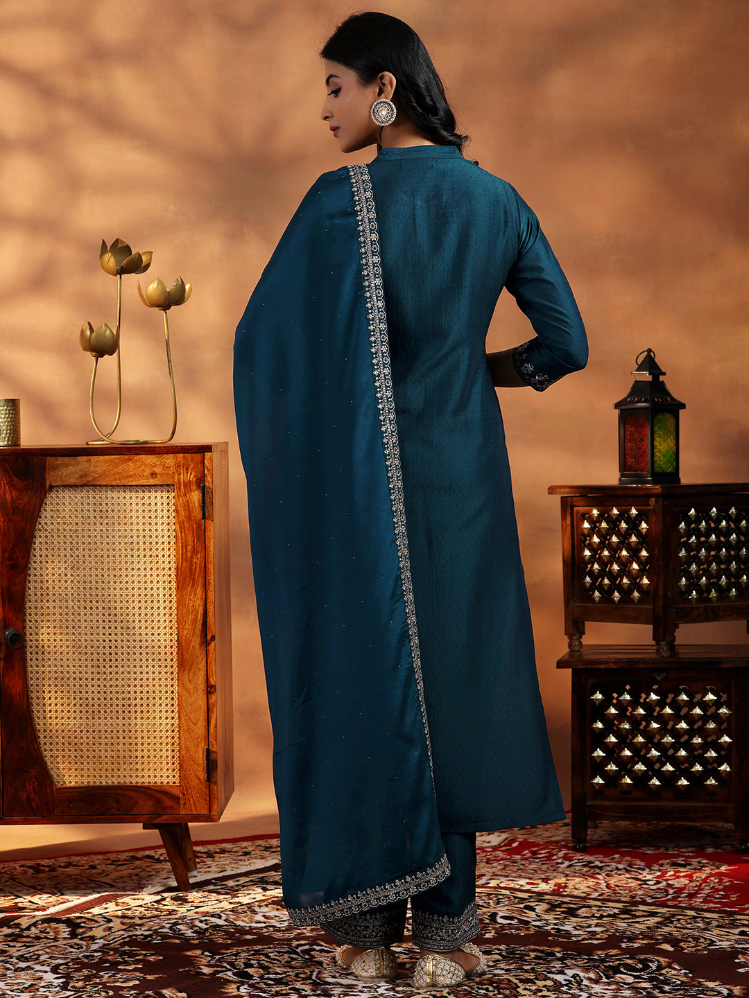 Teal Yoke Design Silk Blend A-Line Kurta With Palazzos & Dupatta