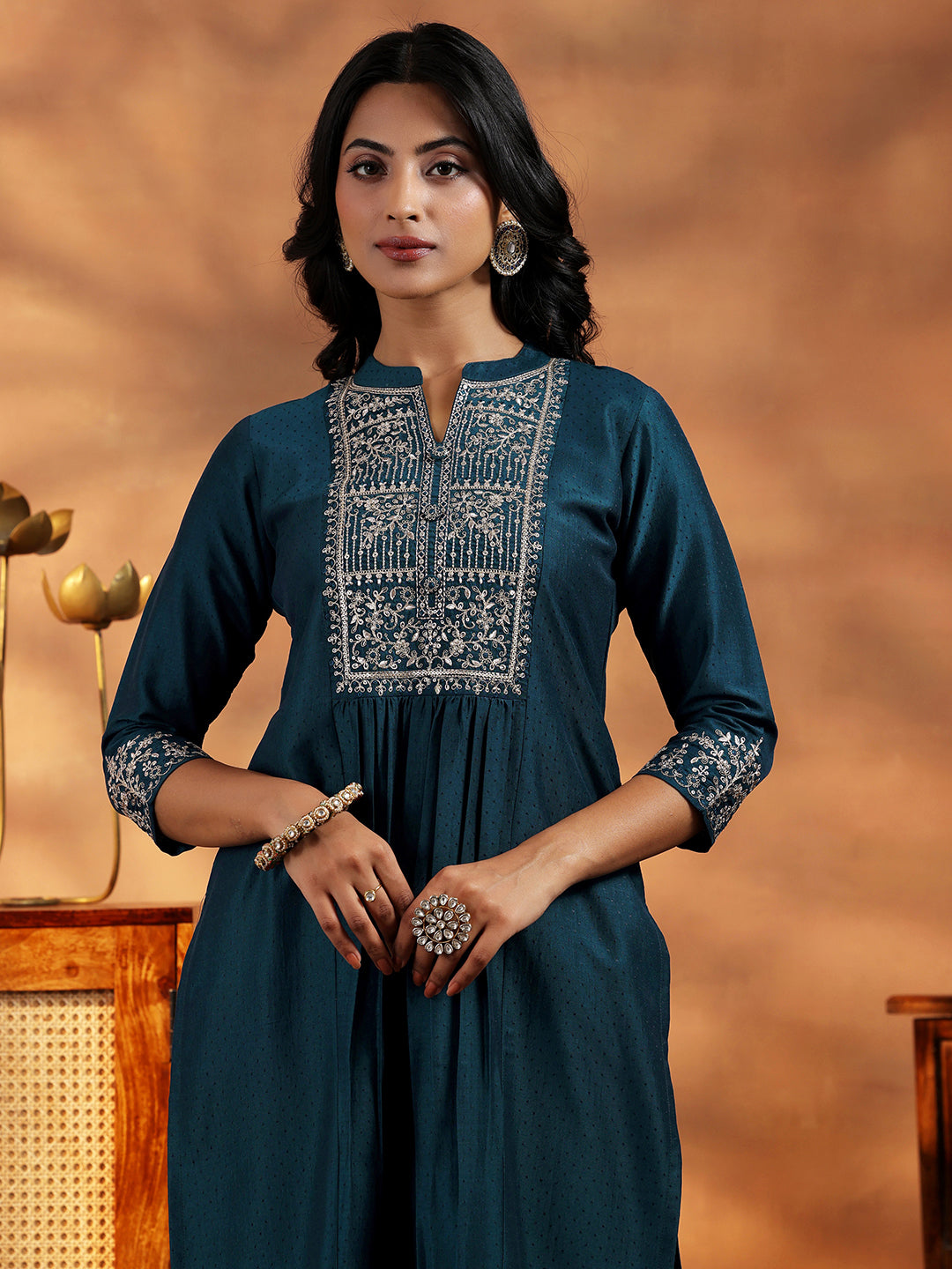 Teal Yoke Design Silk Blend A-Line Kurta With Palazzos & Dupatta