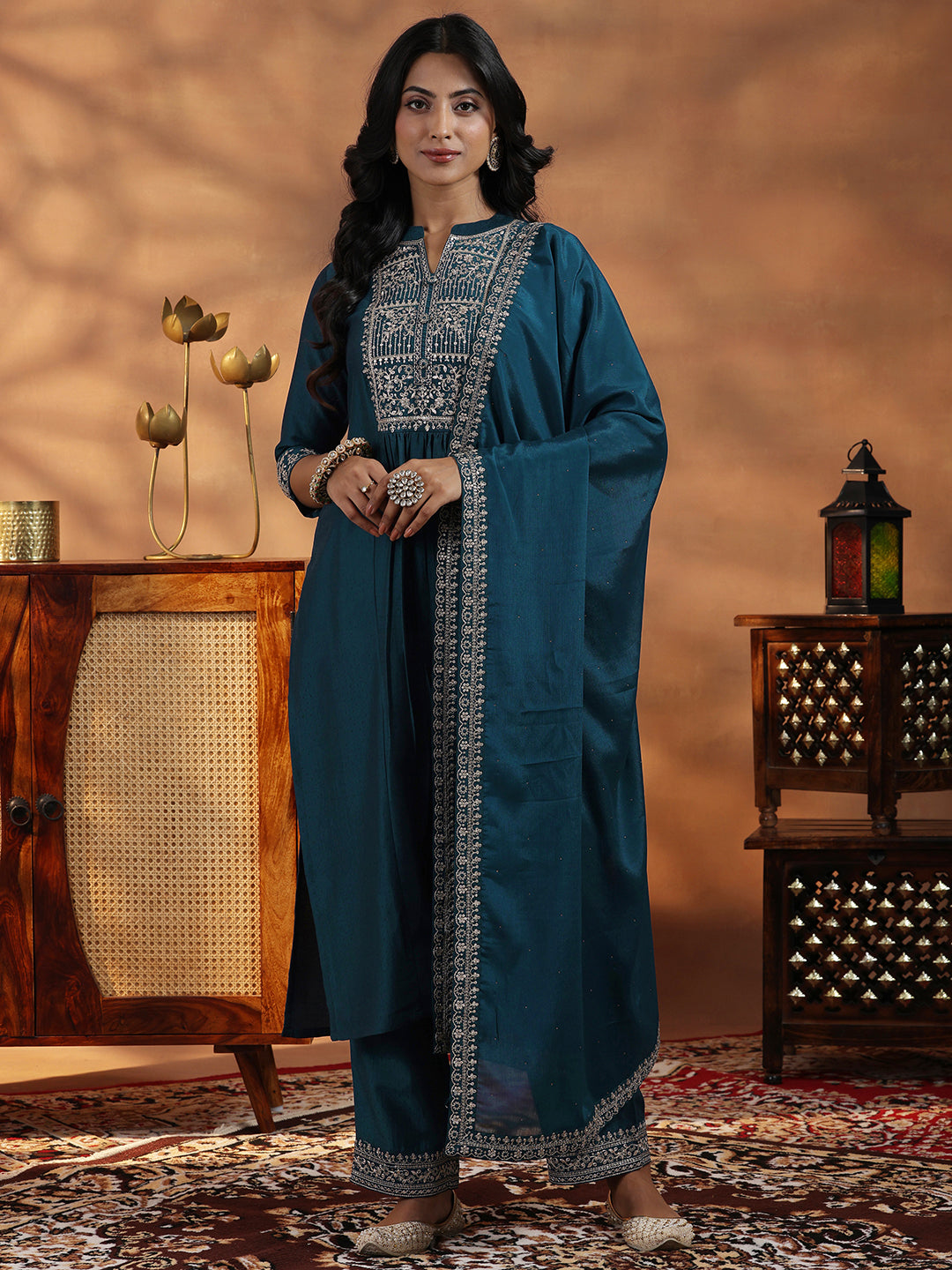 Teal Yoke Design Silk Blend A-Line Kurta With Palazzos & Dupatta