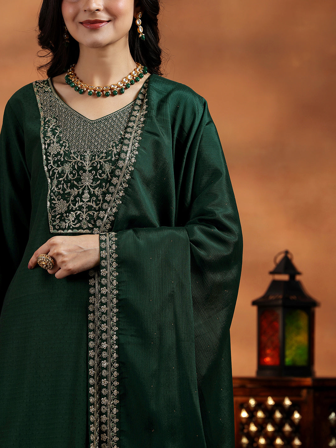 Green Yoke Design Silk Blend Straight Suit With Dupatta