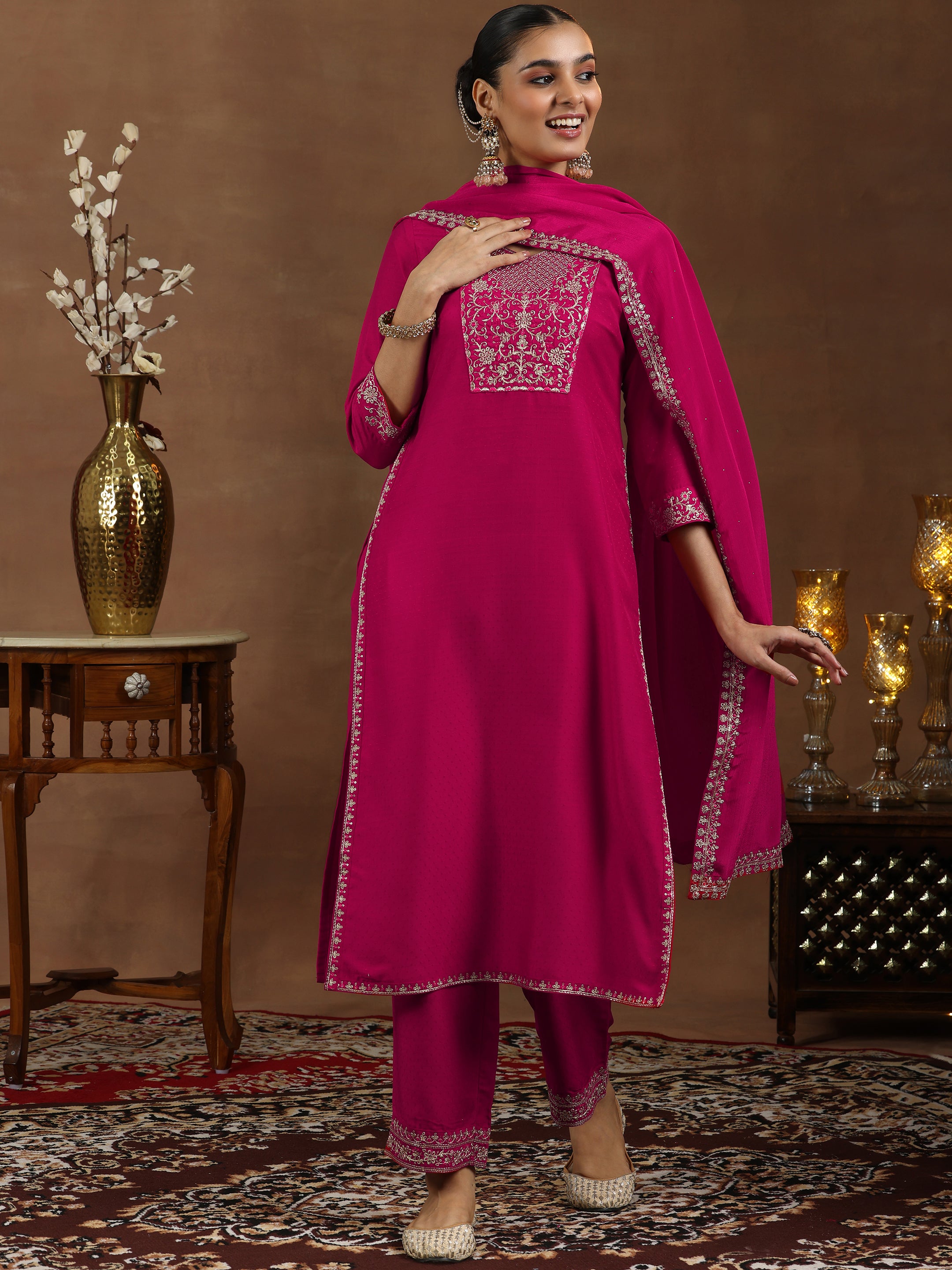 Pink Yoke Design Silk Blend Straight Suit With Dupatta