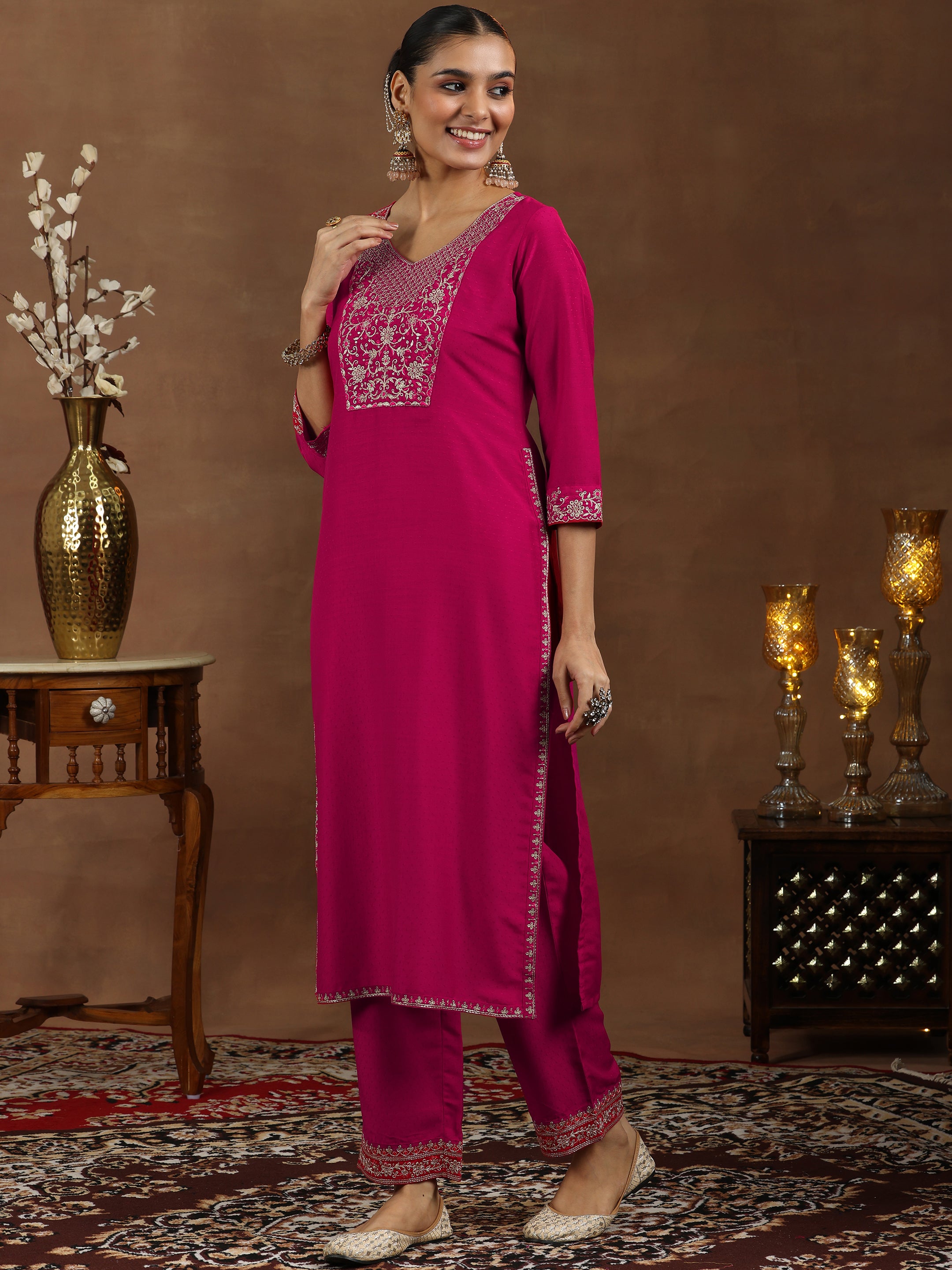 Pink Yoke Design Silk Blend Straight Suit With Dupatta