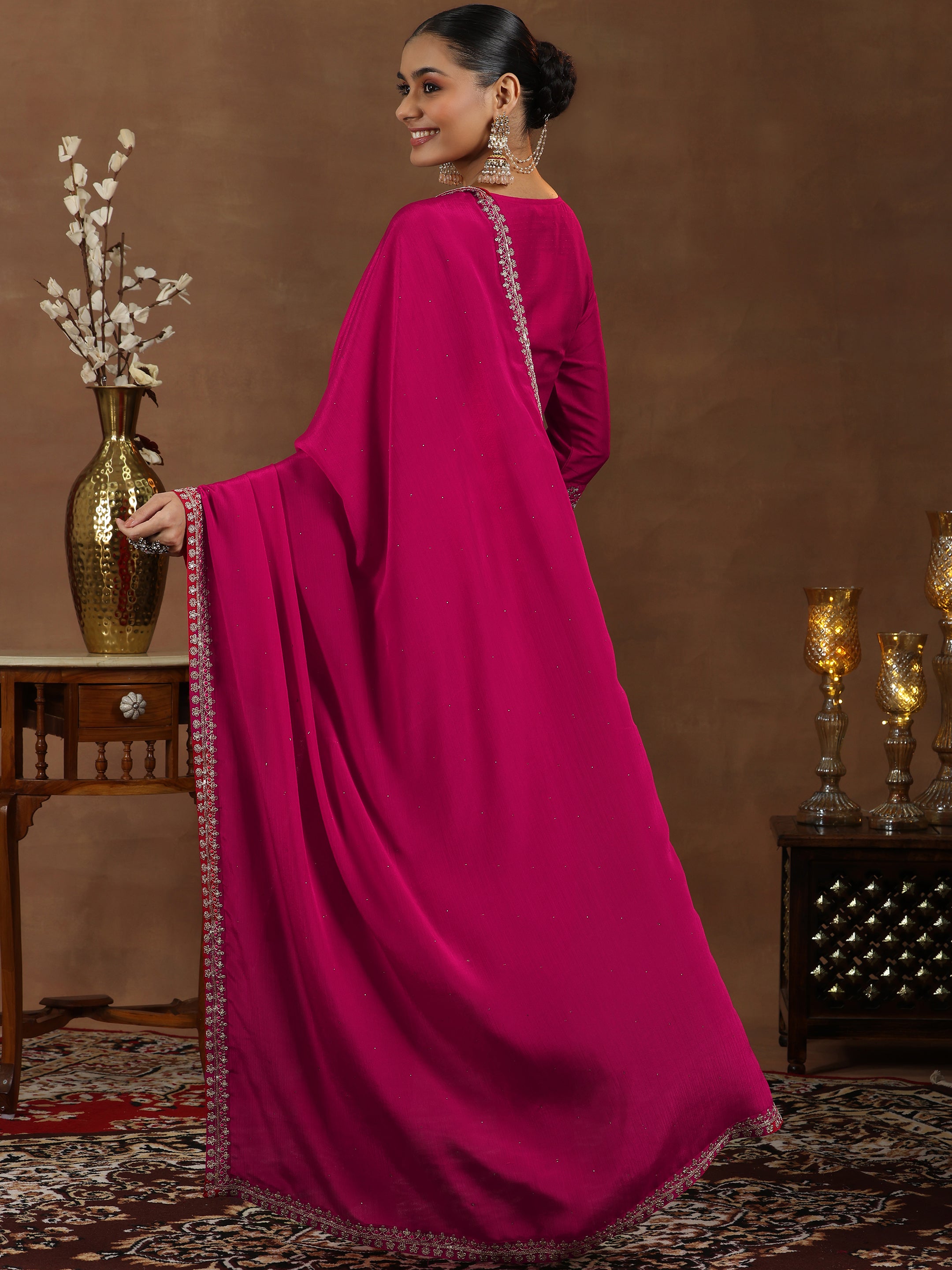 Pink Yoke Design Silk Blend Straight Suit With Dupatta