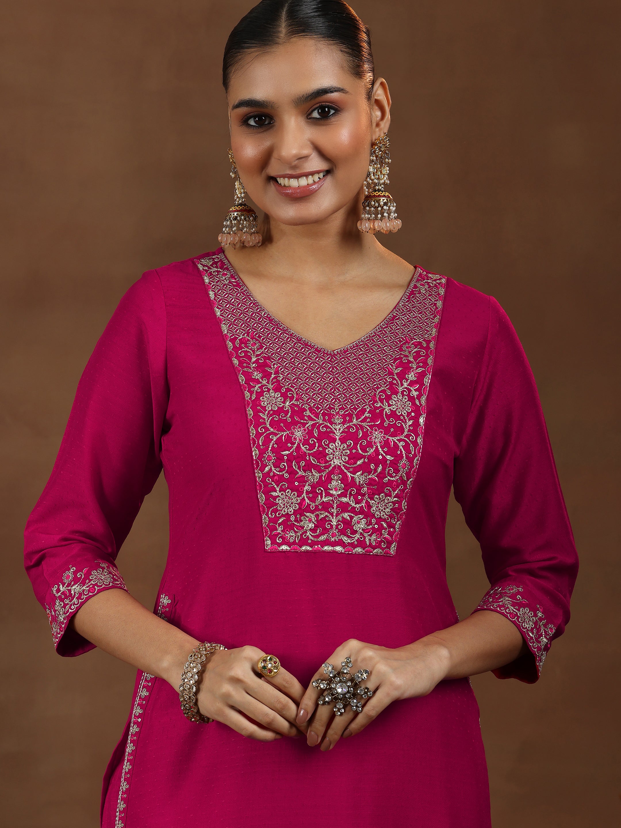 Pink Yoke Design Silk Blend Straight Suit With Dupatta