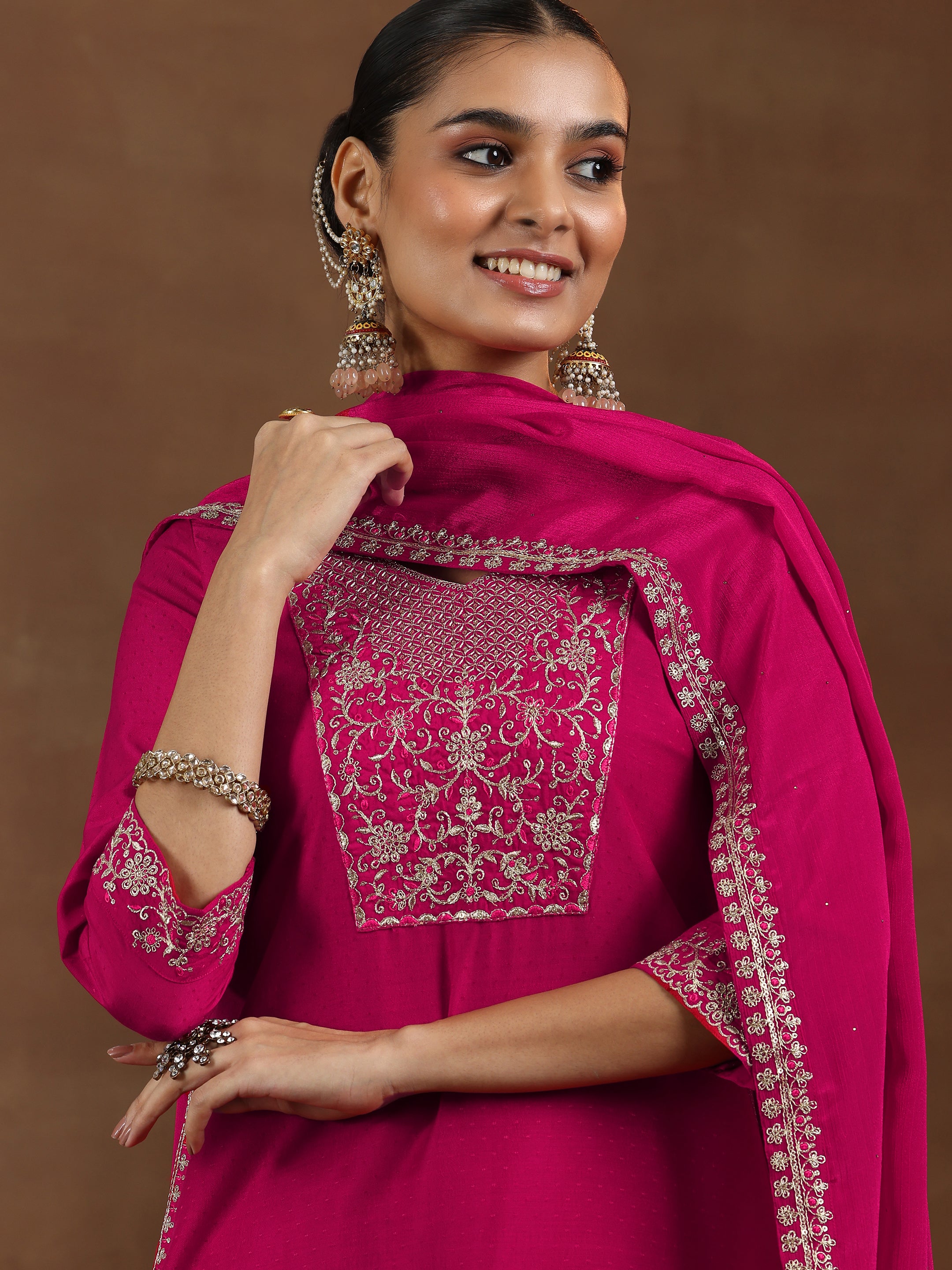 Pink Yoke Design Silk Blend Straight Suit With Dupatta