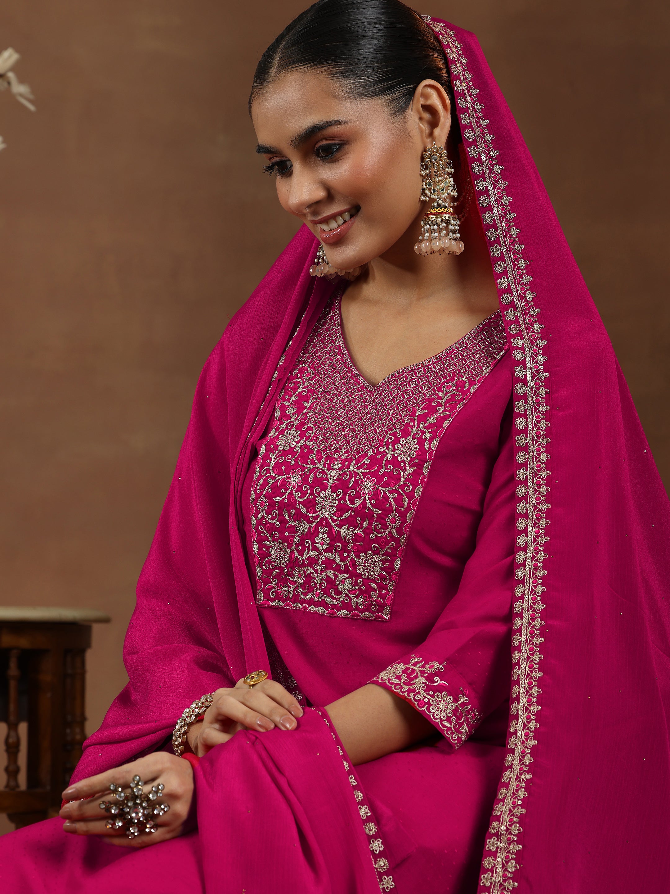 Pink Yoke Design Silk Blend Straight Suit With Dupatta