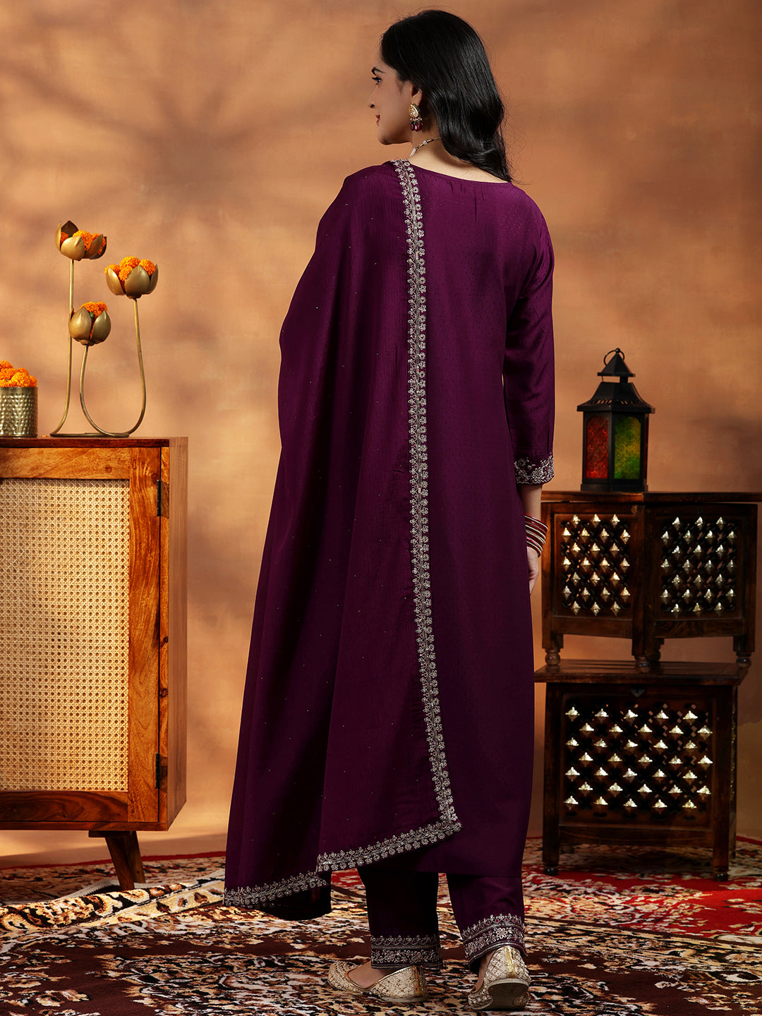 Wine Yoke Design Silk Blend Straight Suit With Dupatta