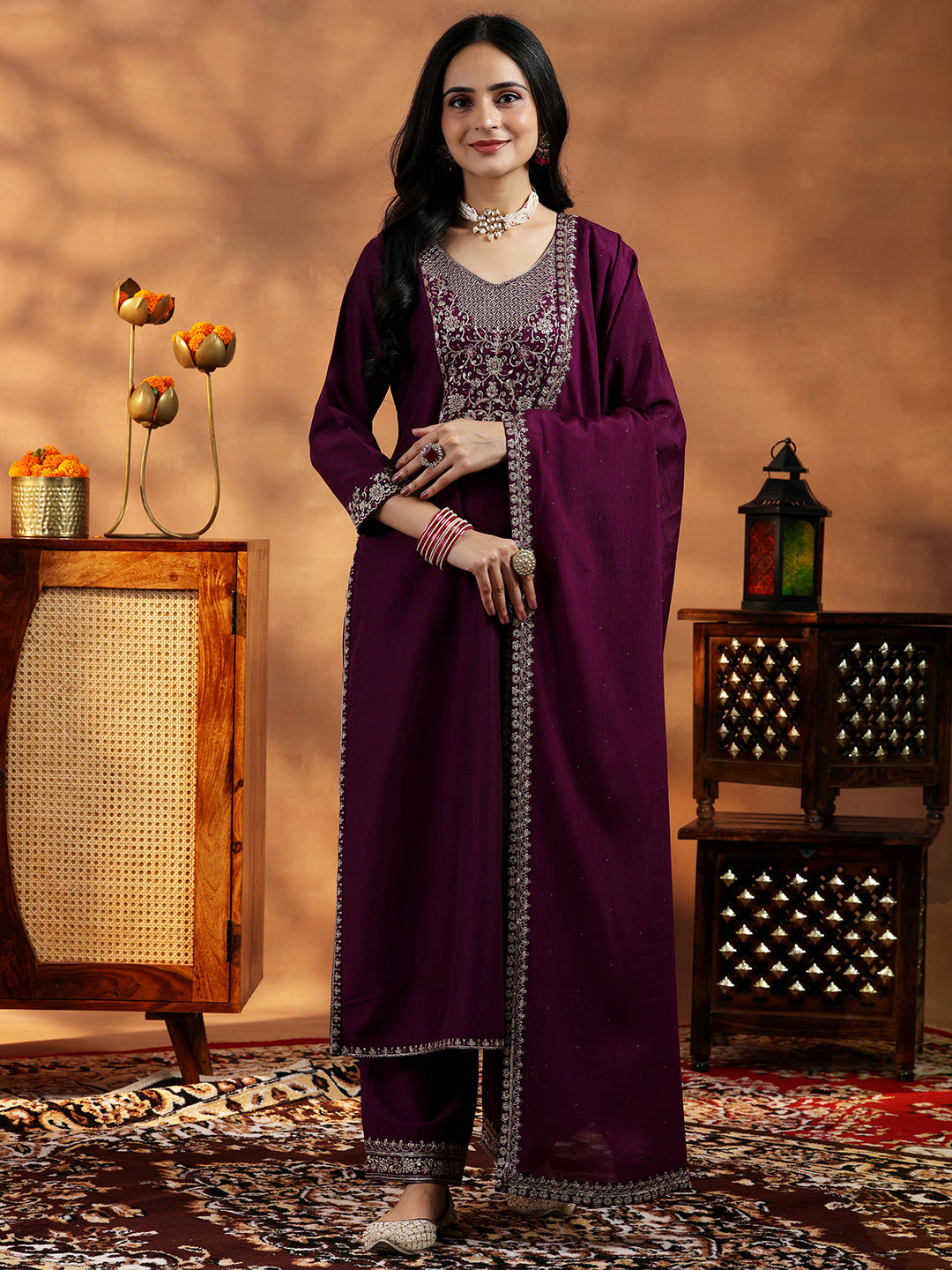 Wine Yoke Design Silk Blend Straight Suit With Dupatta