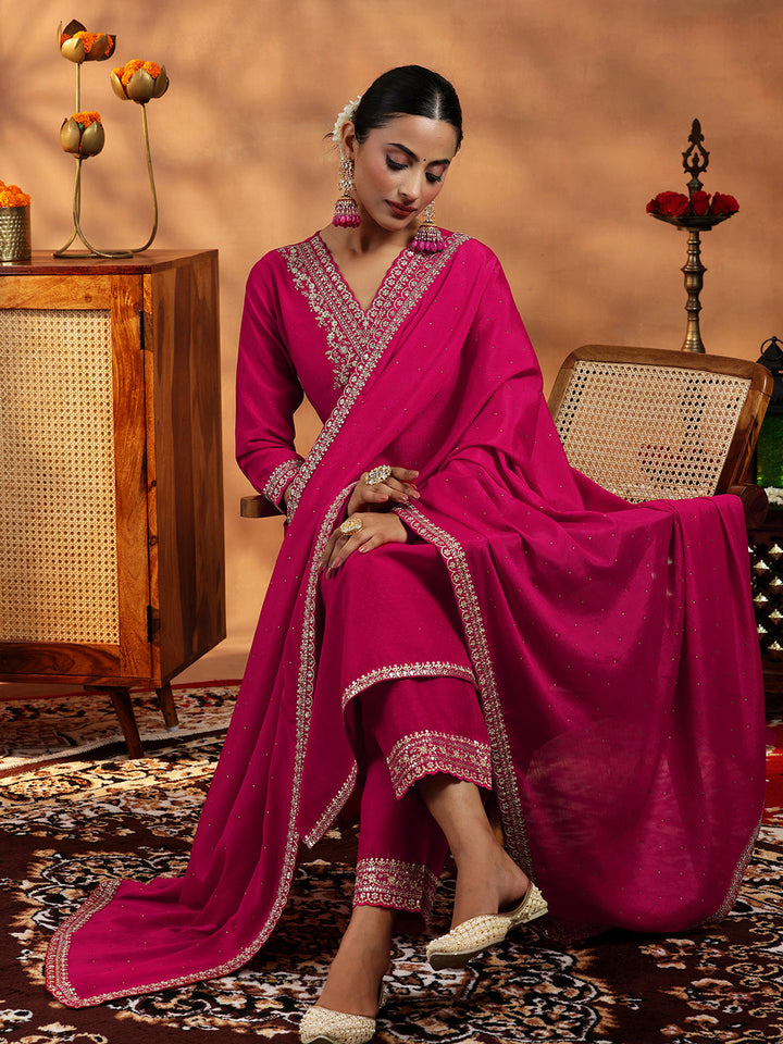 Pink Yoke Design Silk Blend Straight Suit With Dupatta