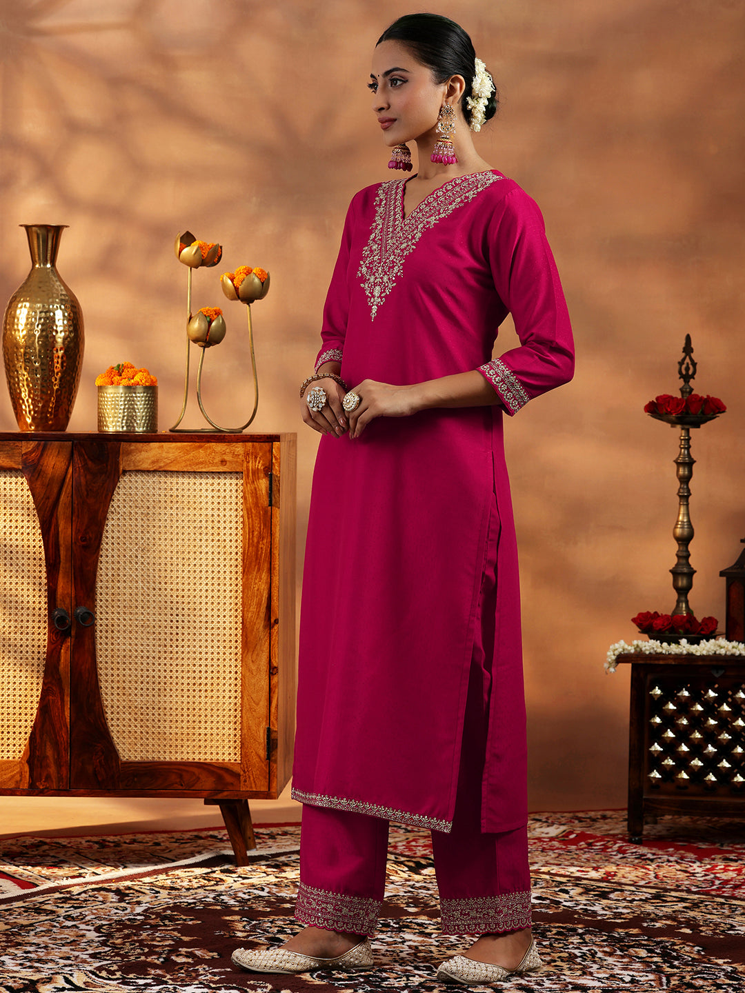 Pink Yoke Design Silk Blend Straight Suit With Dupatta