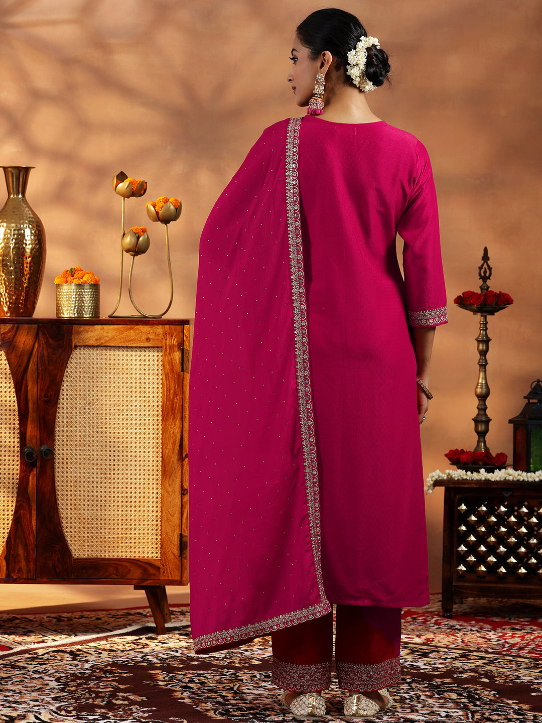 Pink Yoke Design Silk Blend Straight Suit With Dupatta