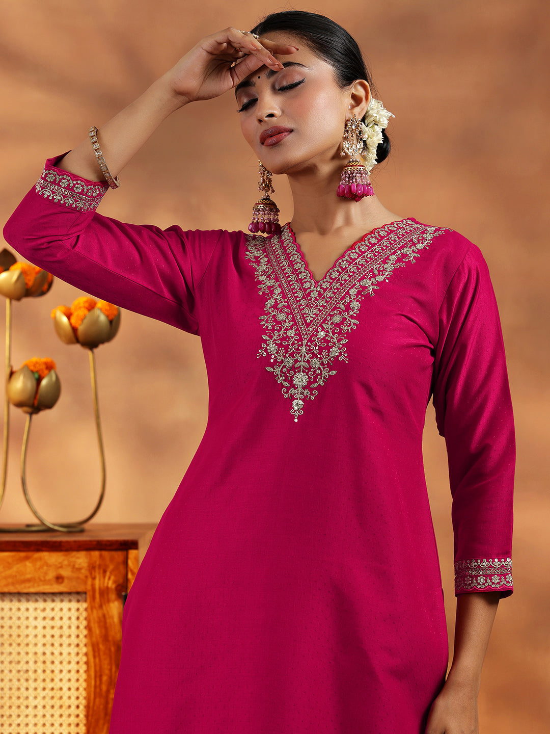 Pink Yoke Design Silk Blend Straight Suit With Dupatta