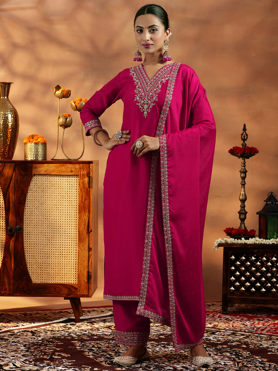 Pink Yoke Design Silk Blend Straight Suit With Dupatta