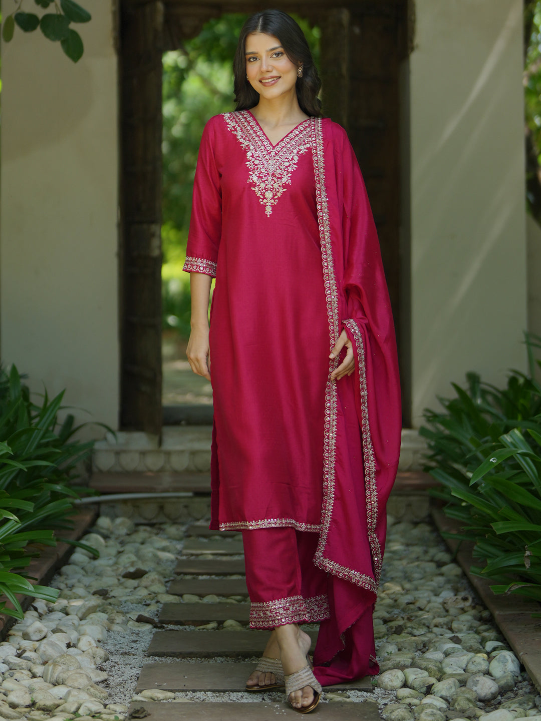 Pink Yoke Design Silk Blend Straight Suit With Dupatta