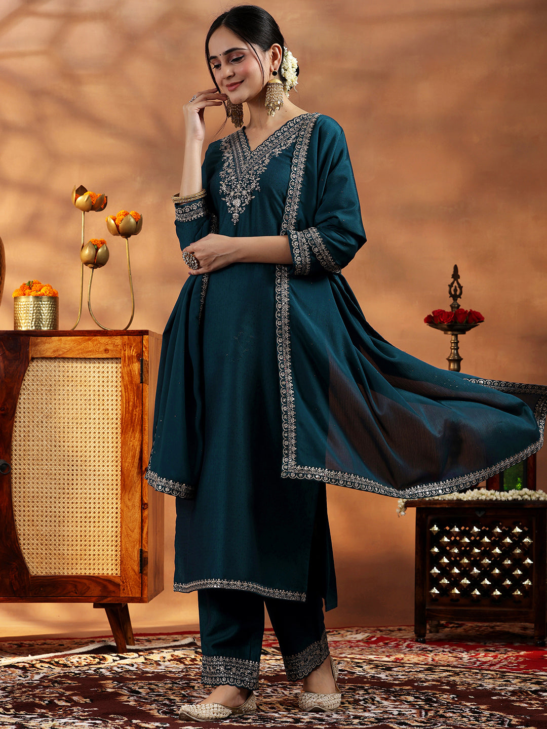 Teal Yoke Design Silk Blend Straight Suit With Dupatta