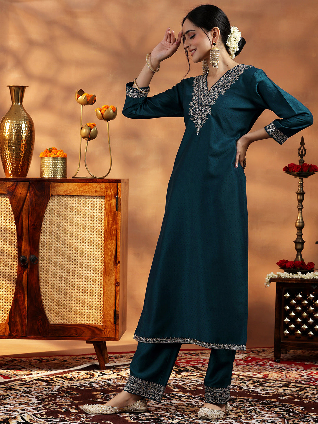 Teal Yoke Design Silk Blend Straight Suit With Dupatta