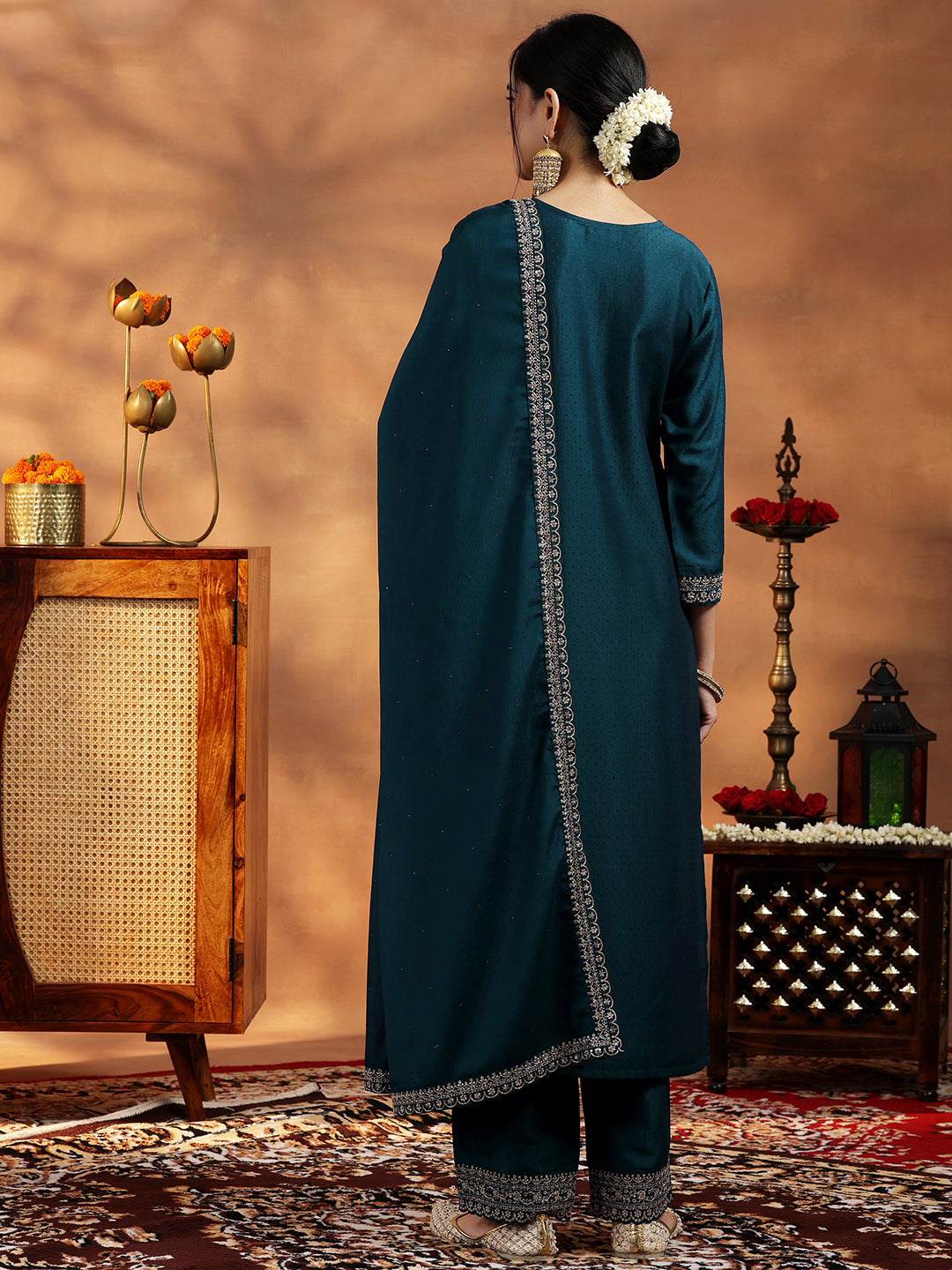 Teal Yoke Design Silk Blend Straight Suit With Dupatta