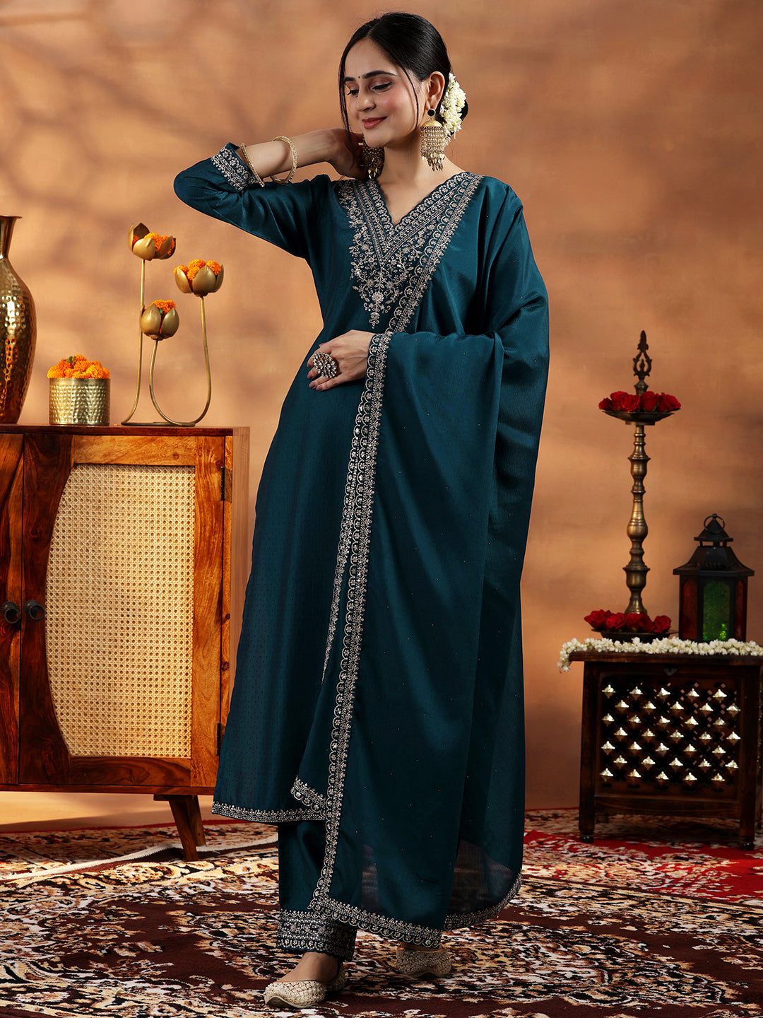 Teal Yoke Design Silk Blend Straight Suit With Dupatta