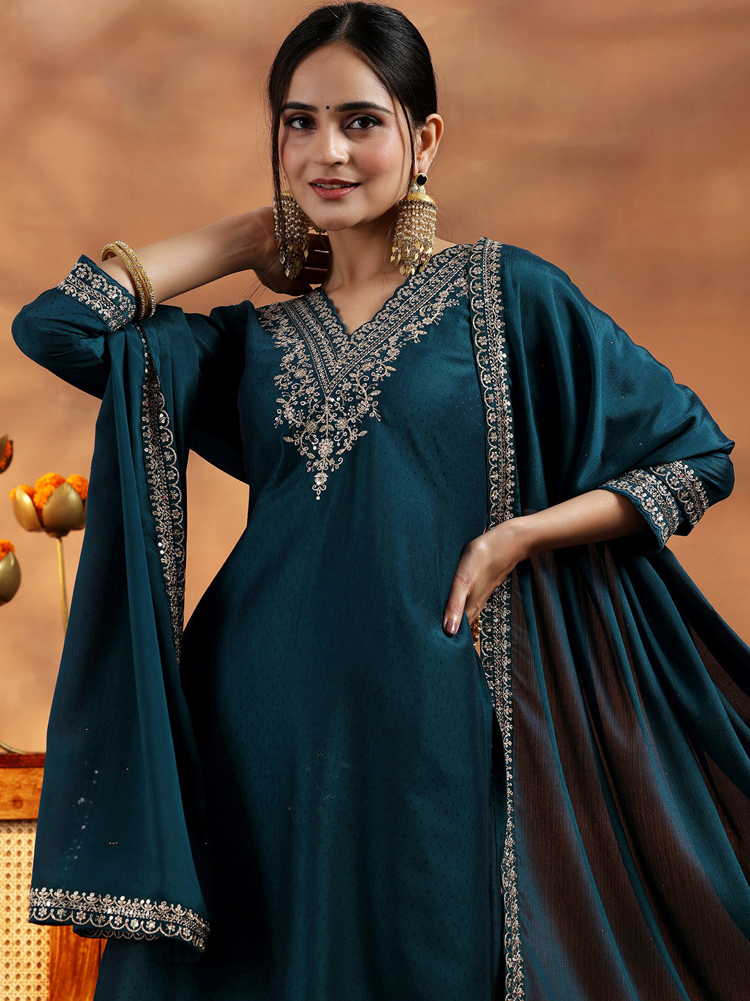 Teal Yoke Design Silk Blend Straight Suit With Dupatta