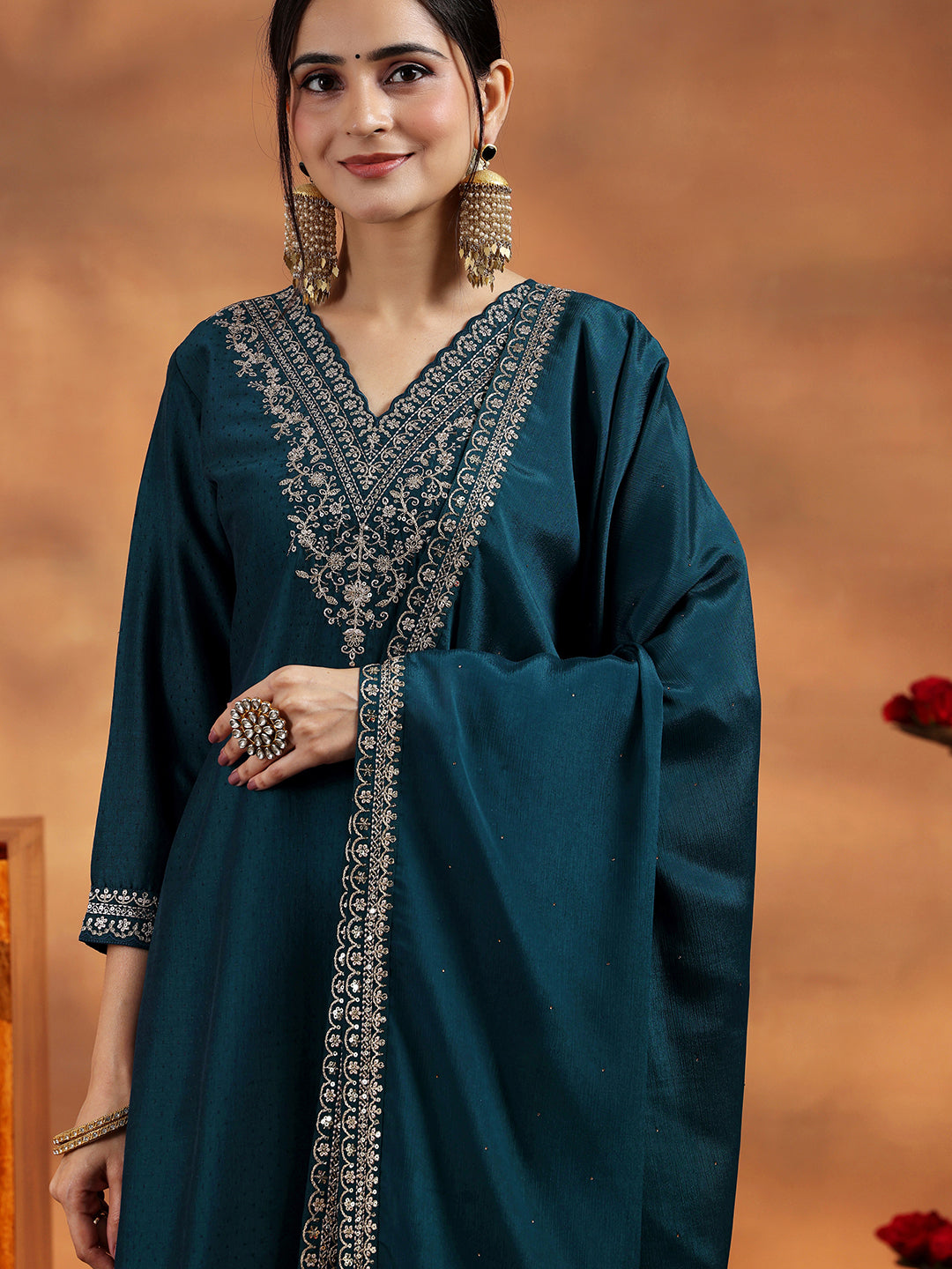 Teal Yoke Design Silk Blend Straight Suit With Dupatta