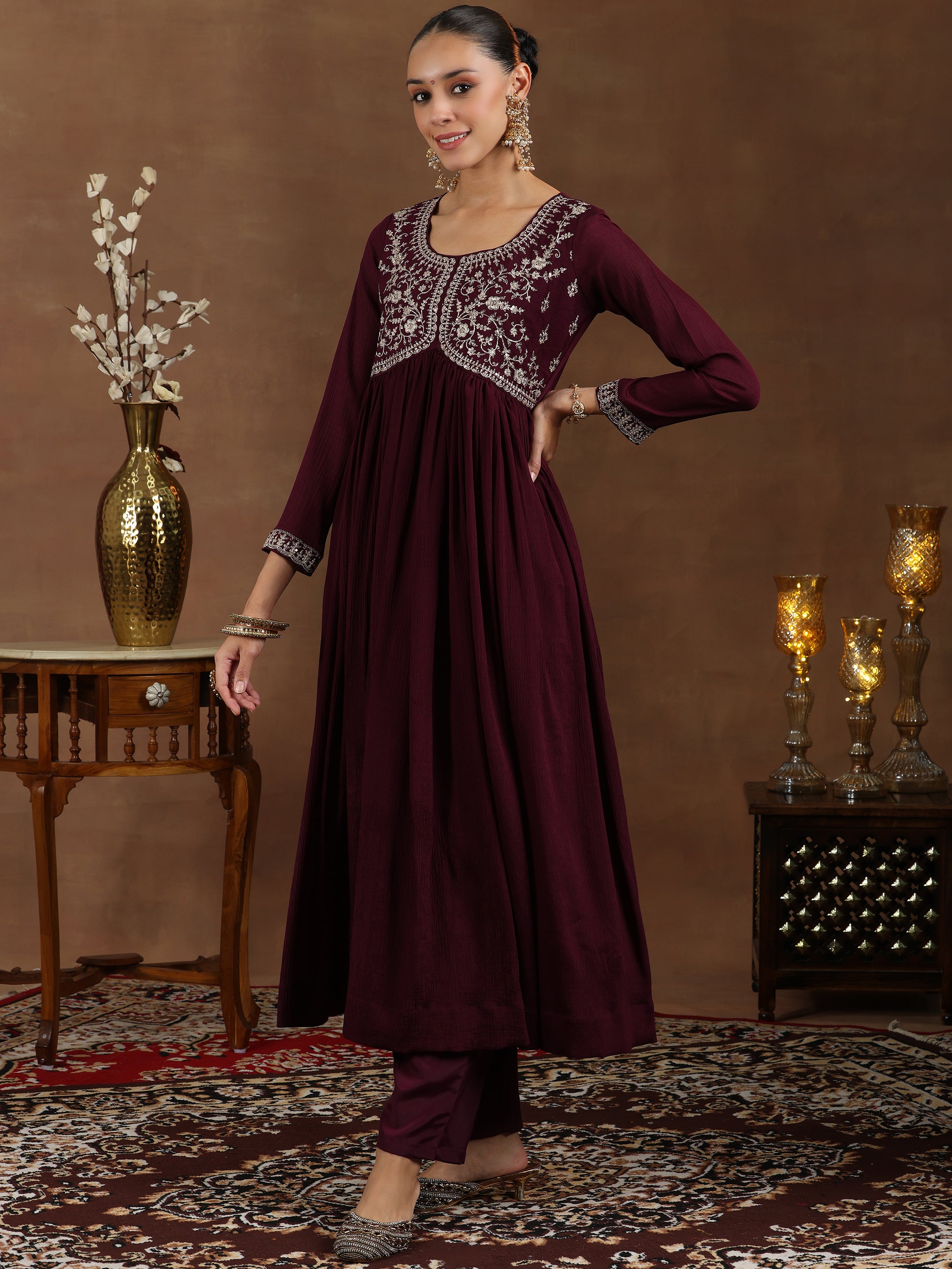 Wine Yoke Design Silk Blend A-Line Kurta With Trousers & Dupatta