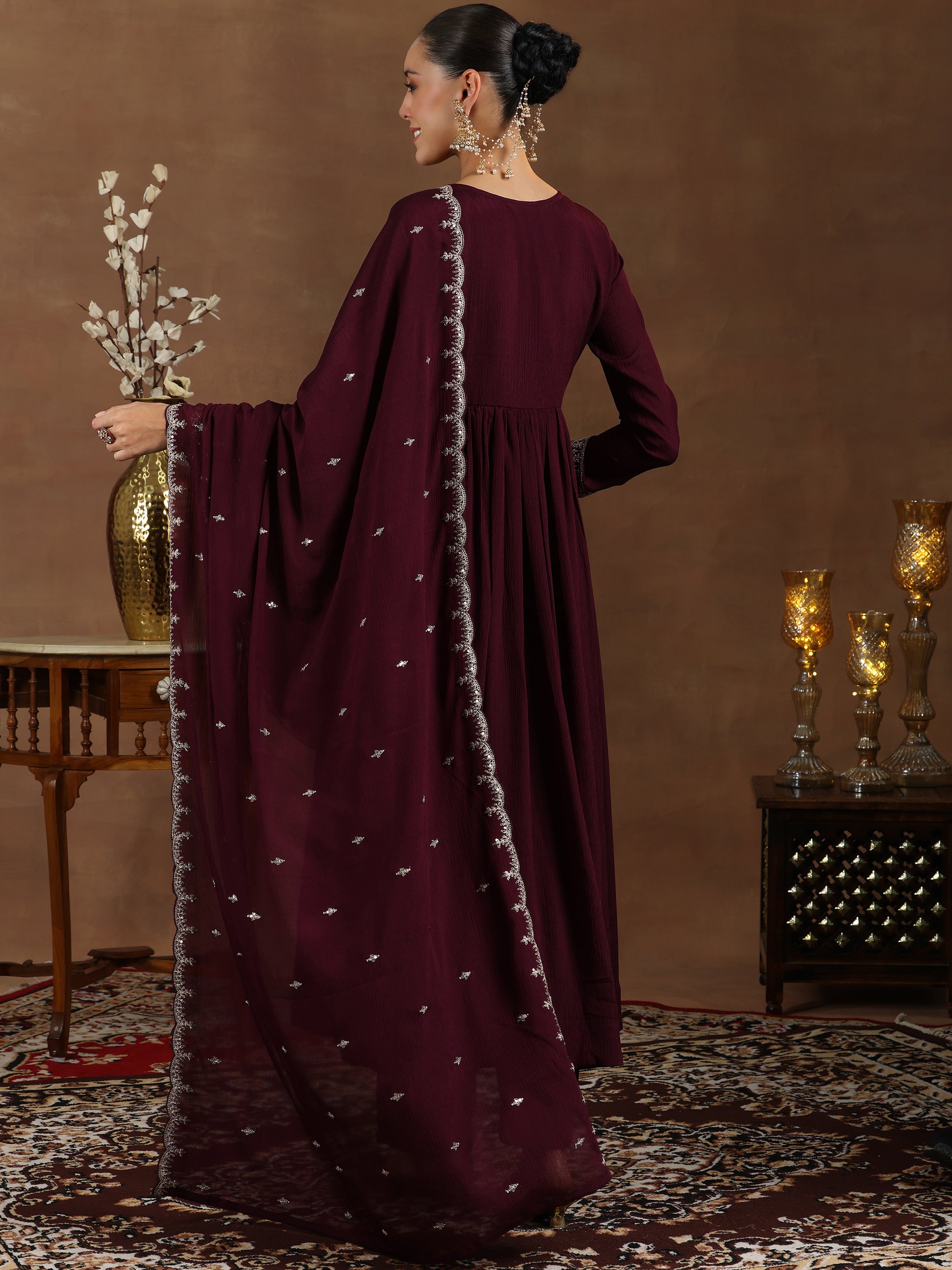 Wine Yoke Design Silk Blend A-Line Kurta With Trousers & Dupatta