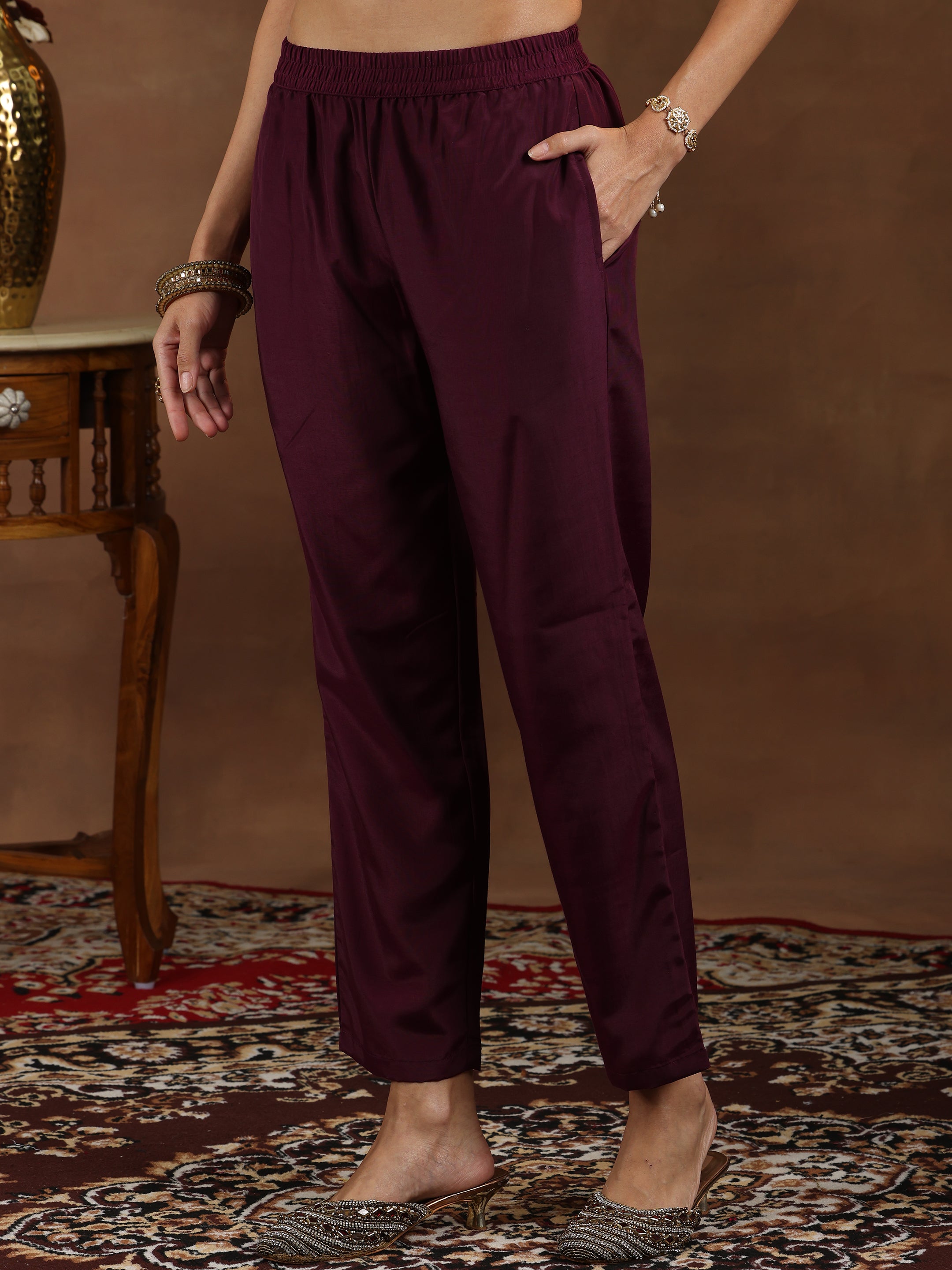 Wine Yoke Design Silk Blend A-Line Kurta With Trousers & Dupatta