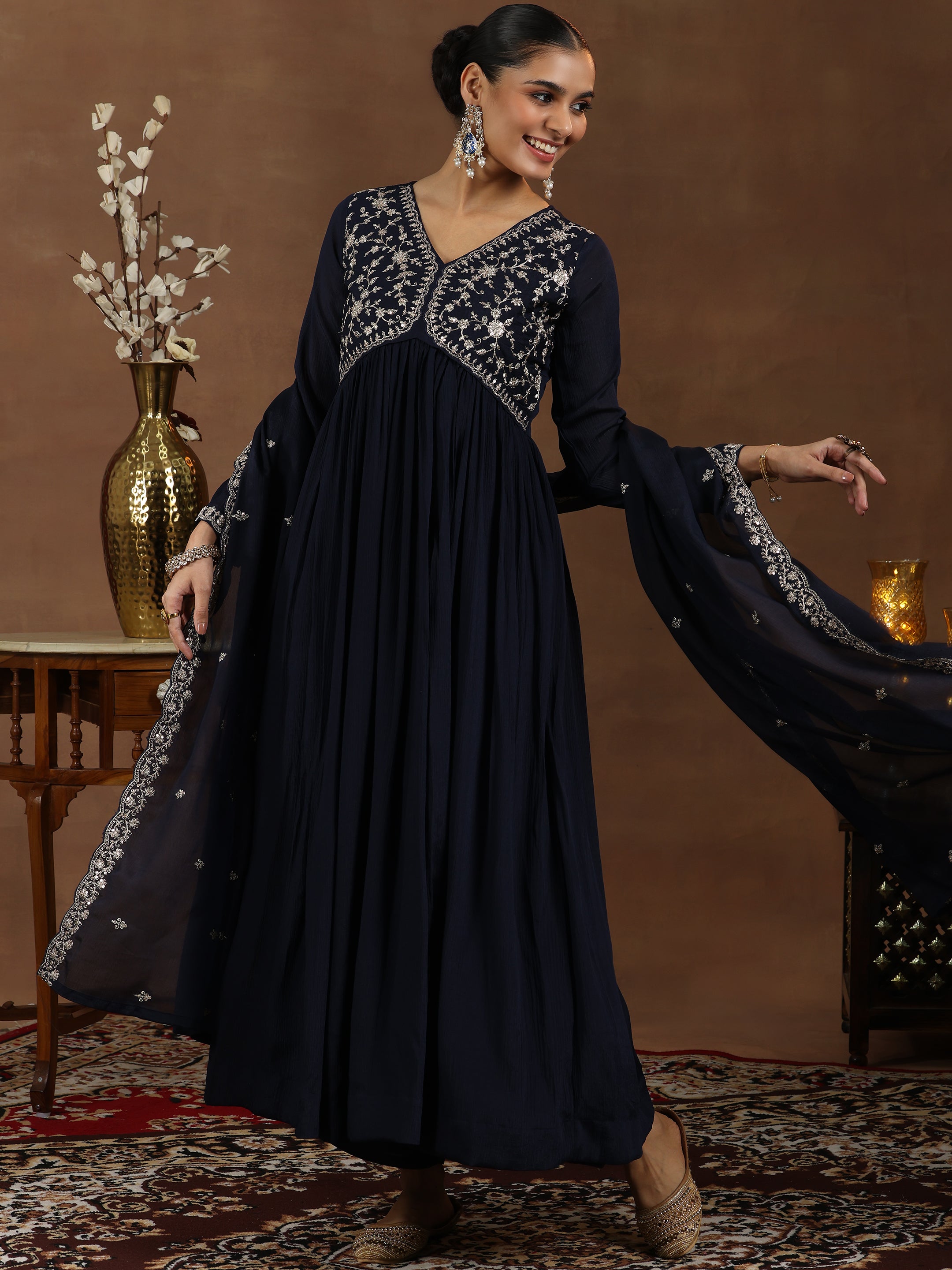 Blue Yoke Design Silk Blend A-Line Kurta With Trousers & Dupatta