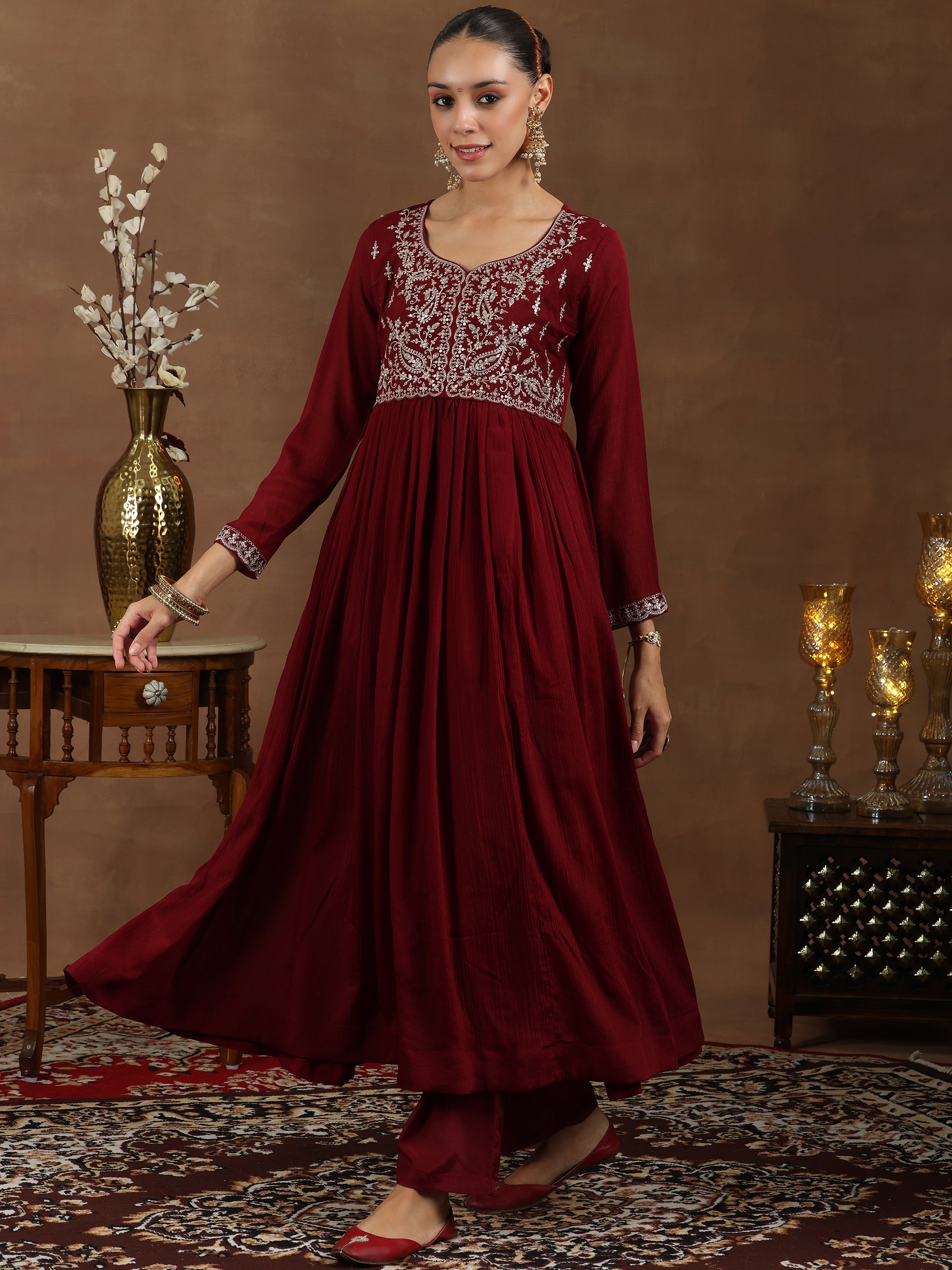 Maroon Yoke Design Silk Blend A-Line Kurta With Trousers & Dupatta